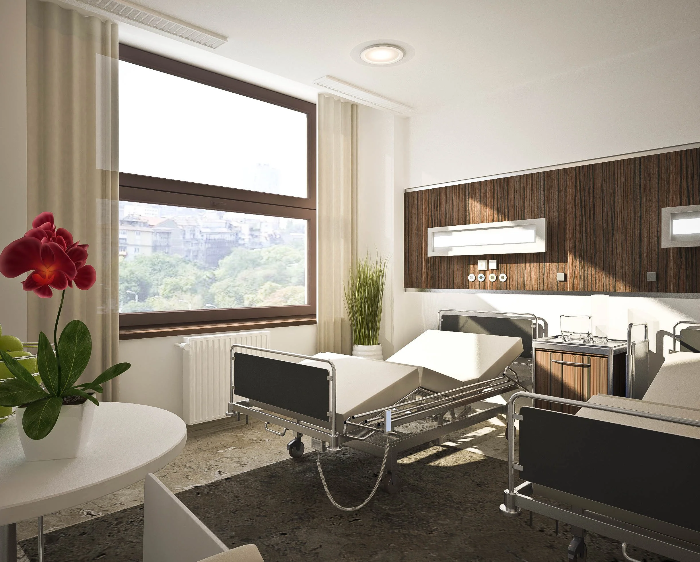 A hospital room with a hospital bed, a nightstand with a water pitcher, large windows showing a cityscape and trees, beige curtains, and modern wall fixtures.