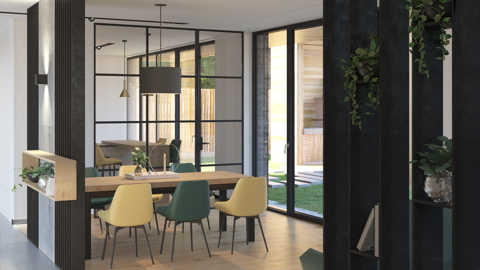 Modern dining area with wooden table, six colorful chairs, glass sliding doors leading outside, and black shelving with plants on the right.