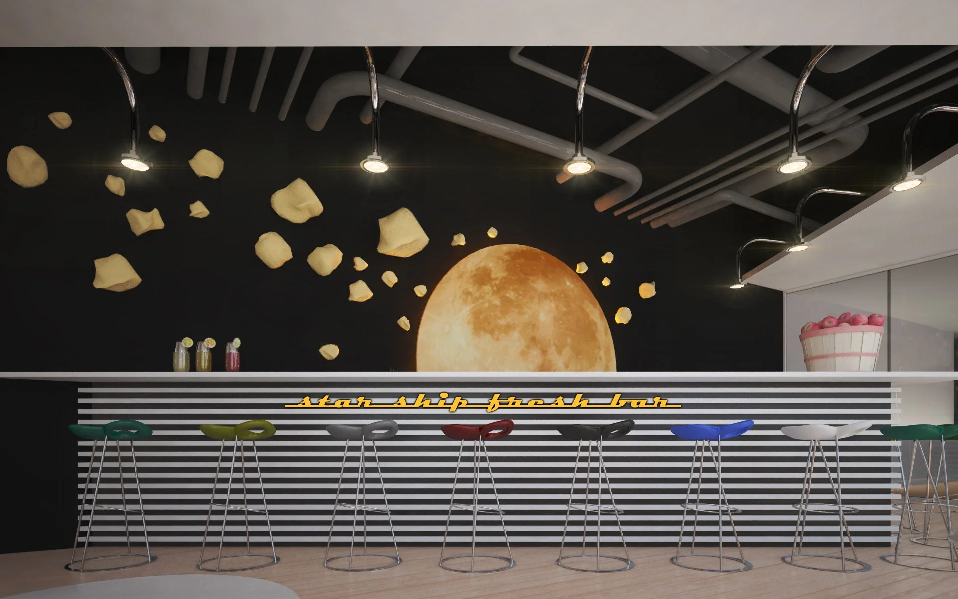 Modern bar with colorful stools, neon sign reading 'star ship fish bar,' and a large moon mural on the black wall