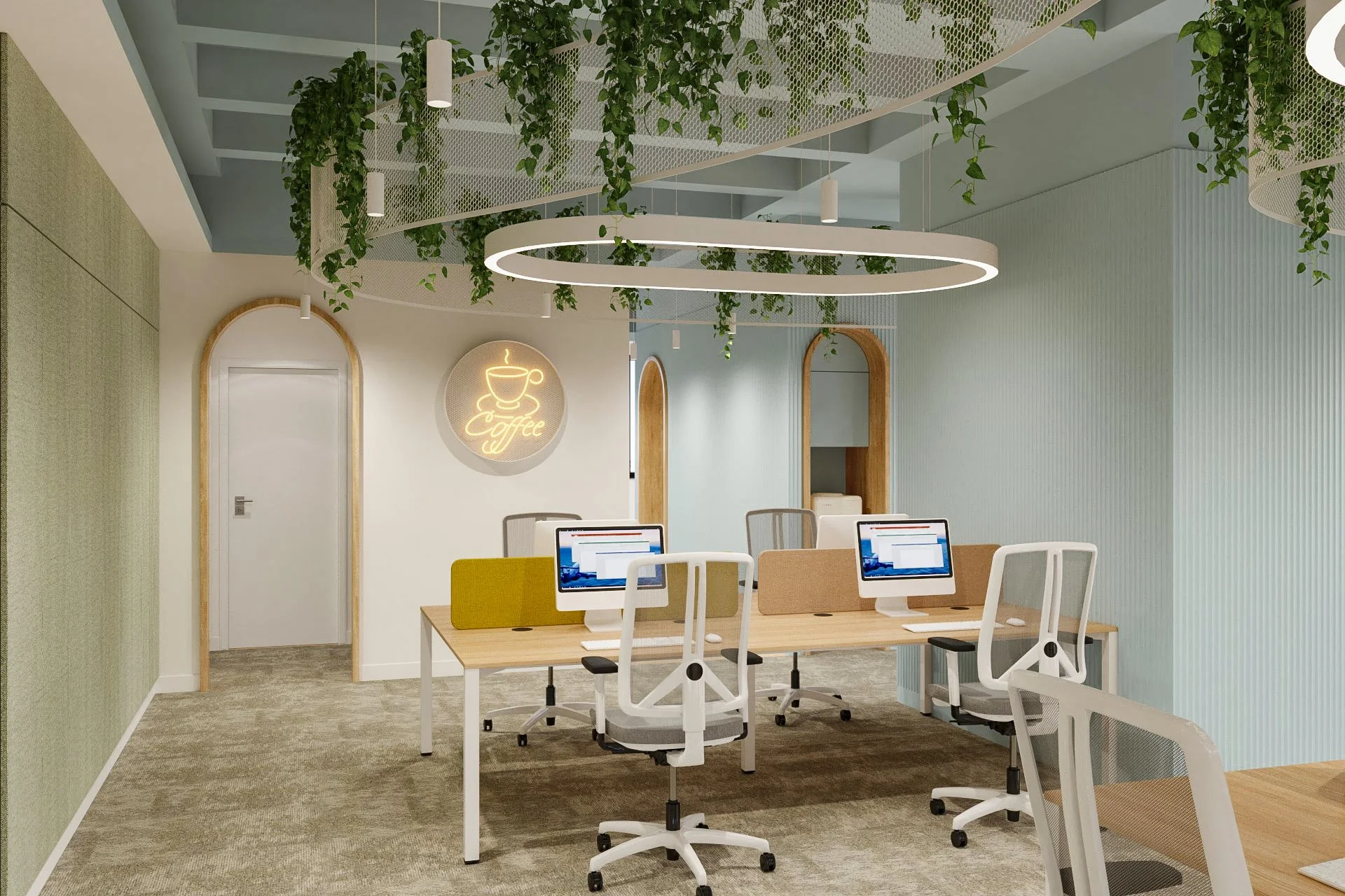 Modern office with six white office chairs behind a wooden desk, desktop computers, and a coffee sign on the wall. Green plants hang from a circular ceiling feature. Light-colored walls and a textured green and light blue wall.