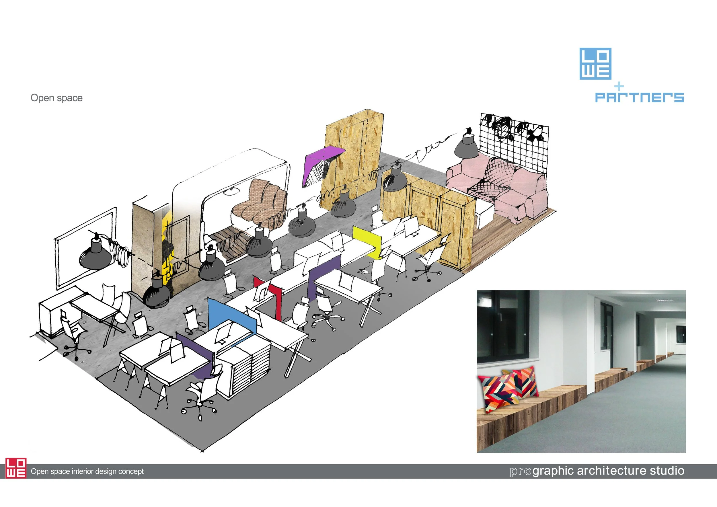 Interior design concept for an open space office with work desks, seating areas, and decorative partitions, accompanied by a photo of a hallway with window seats and colorful cushions.