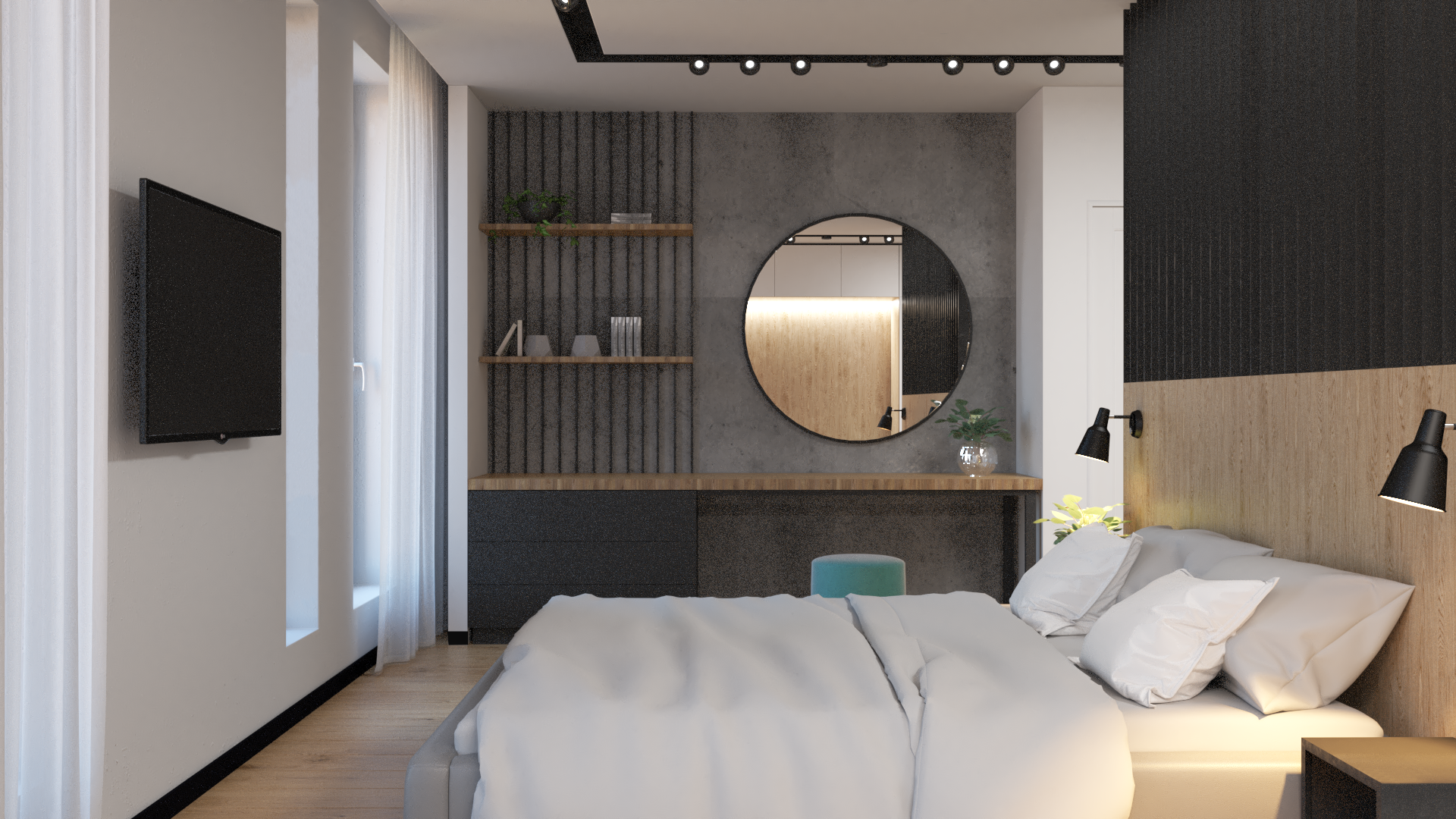 Modern bedroom with white bed, black wall lamps, round mirror, black TV on white wall, wooden shelves, and a gray accent wall with wood and black panels.