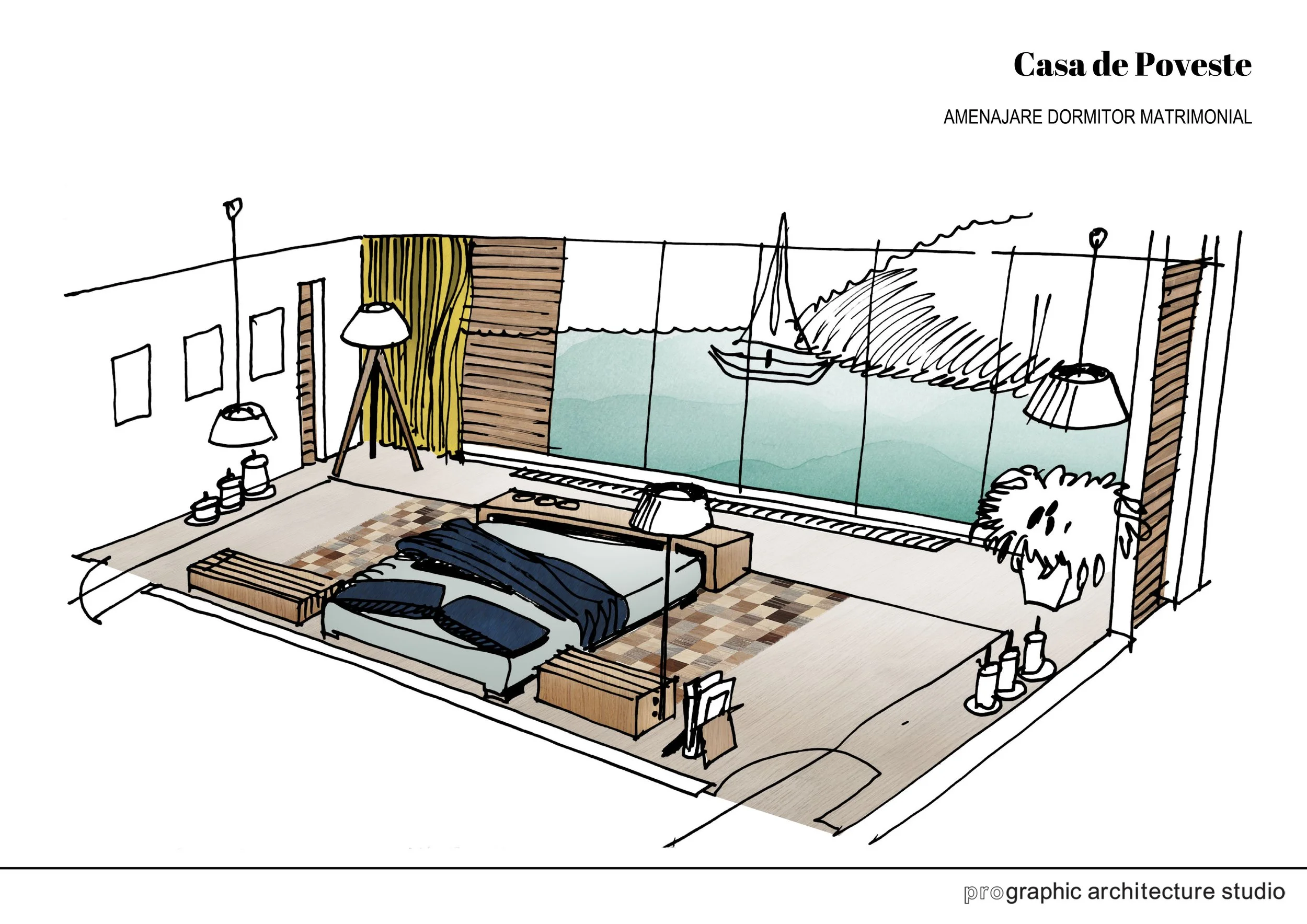 Drawing of a bedroom with a large window facing water and boats, a bed with dark covers, wooden benches, lamps, potted plants, and decorative elements.