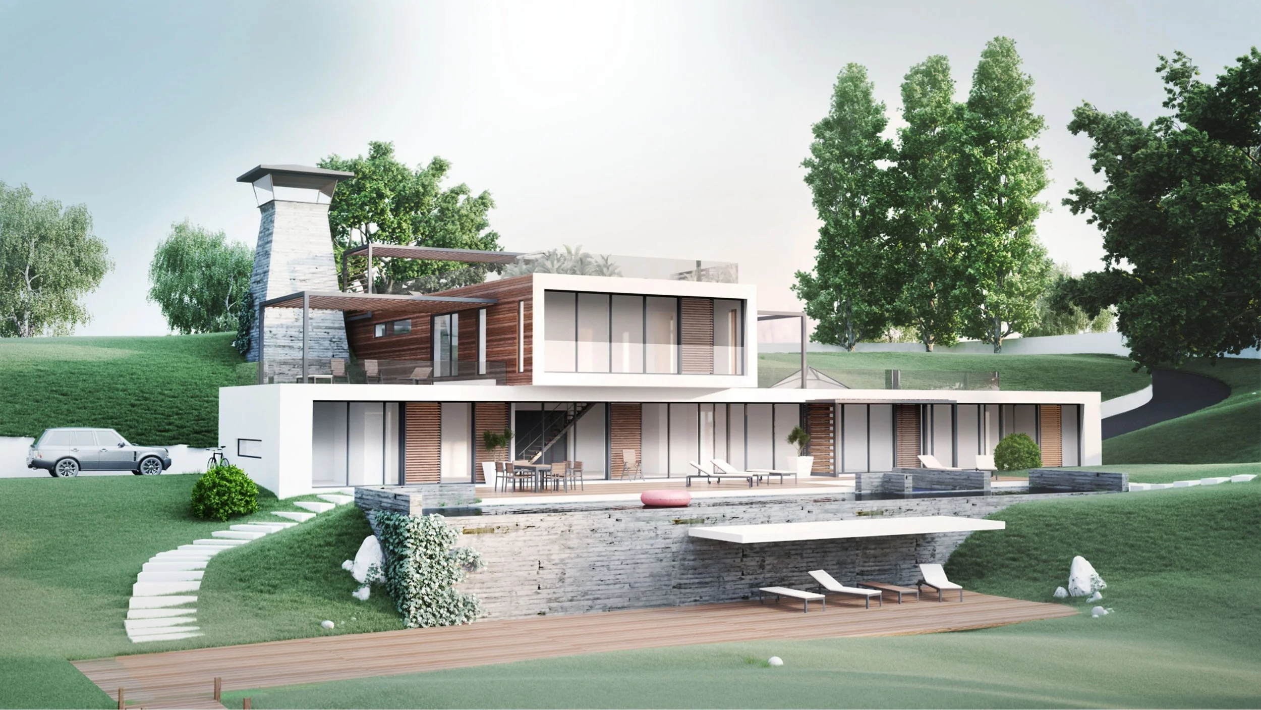 Modern multi-level house with large glass windows, white and wooden exterior, surrounded by green landscape, outdoor seating areas, and a swimming pool with lounge chairs.