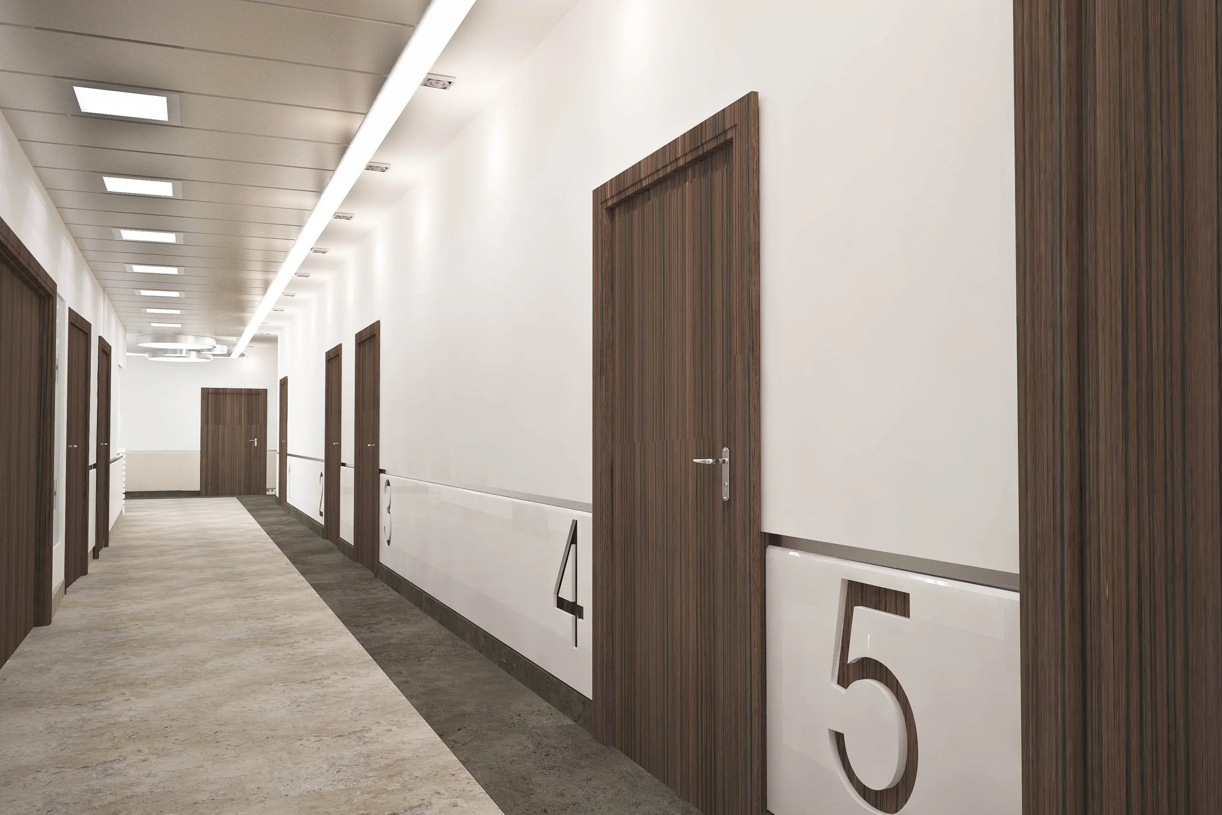 Empty hospital corridor with brown wood doors, white walls, and numbered signs for rooms 4 and 5.