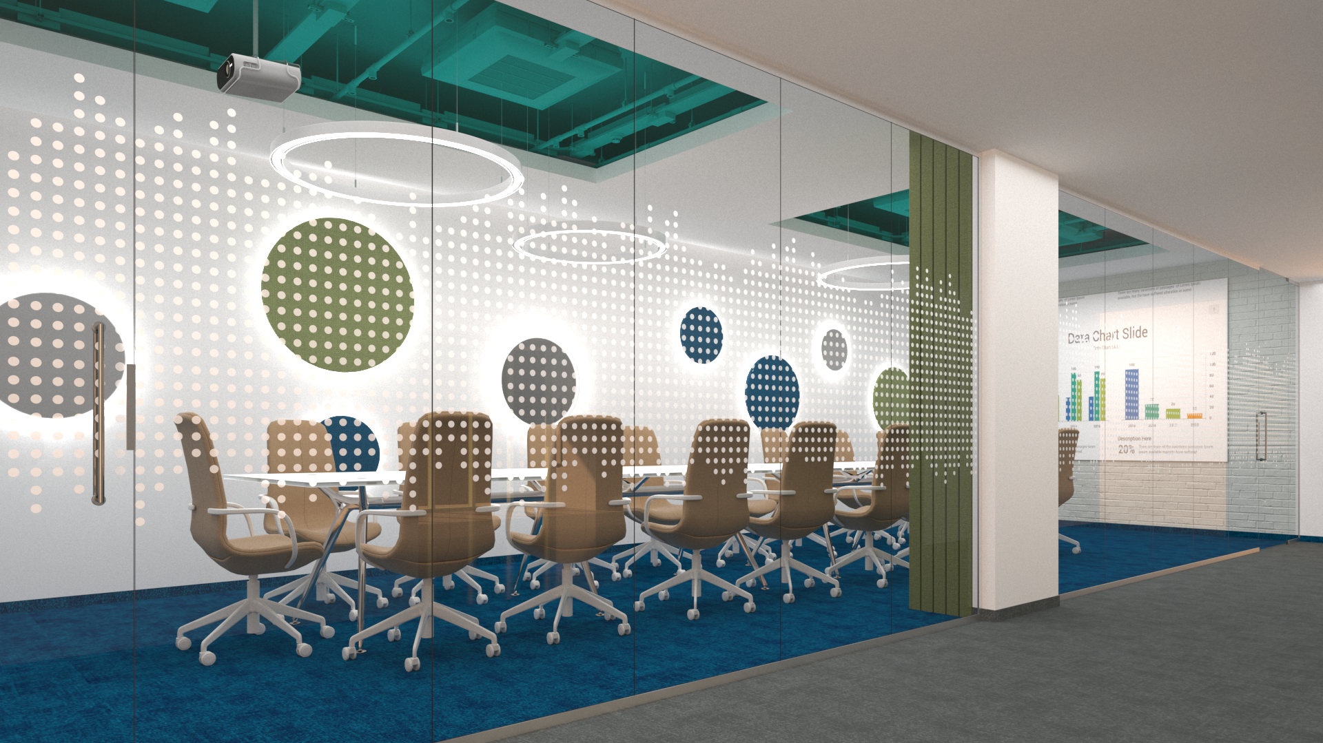 Modern conference room with glass walls, brown chairs, white tables, circular LED ceiling lights, a data chart slide on the wall, and a blue carpet.