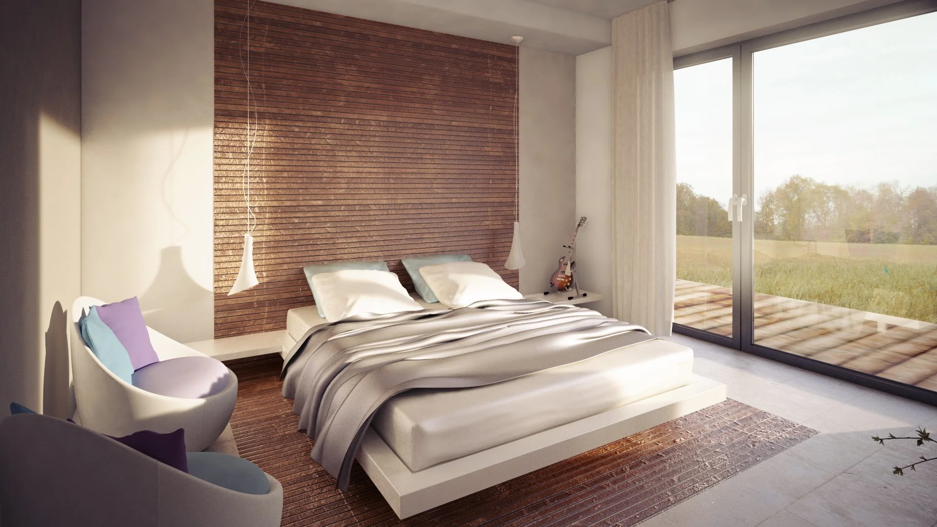 Modern bedroom with a large window overlooking a grassy field, a low bed with white bedding, a wooden accent wall, and a guitar placed on a side table.