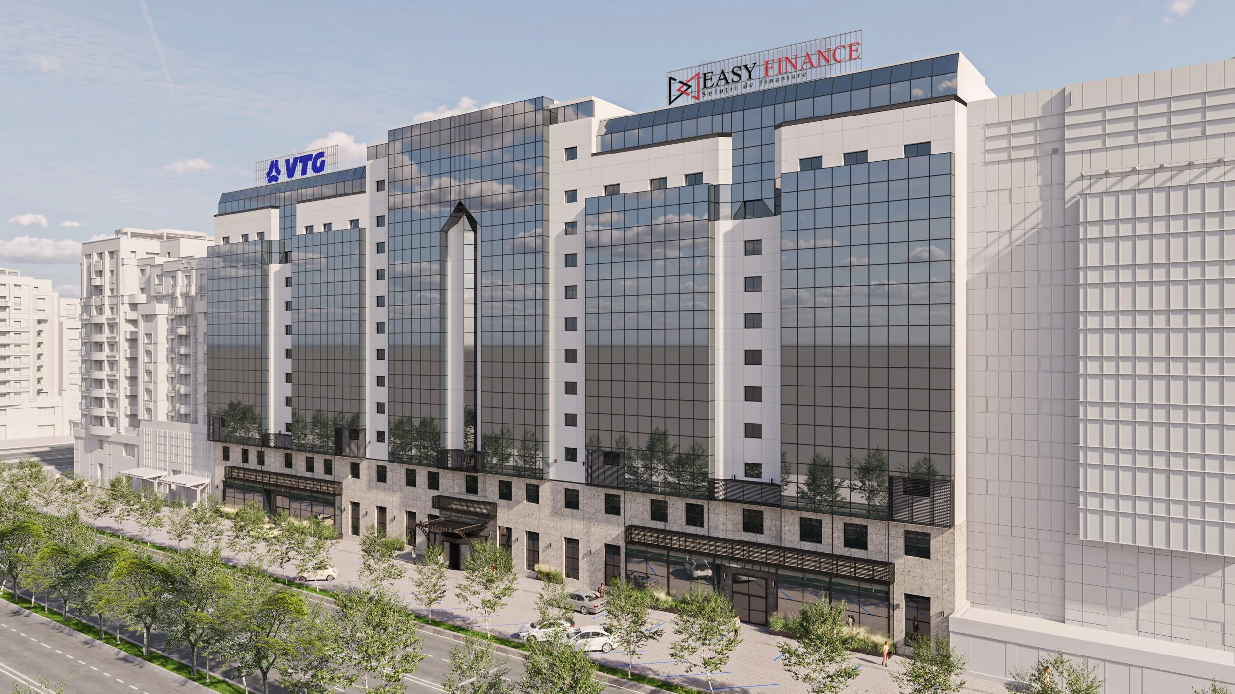 Modern multi-story office building with glass windows, displaying company signs VTG and Easy Finance, situated on a city street with trees and parked cars in the foreground.