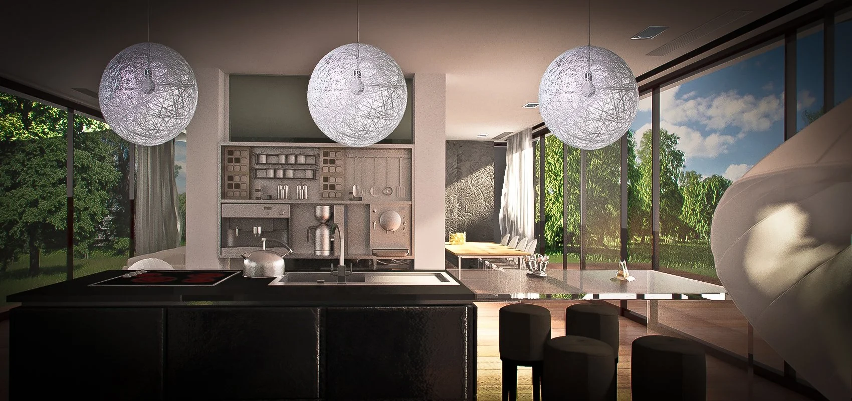 Modern kitchen with large windows, three pendant lights, black island, and a dining area with a view of green trees outside.