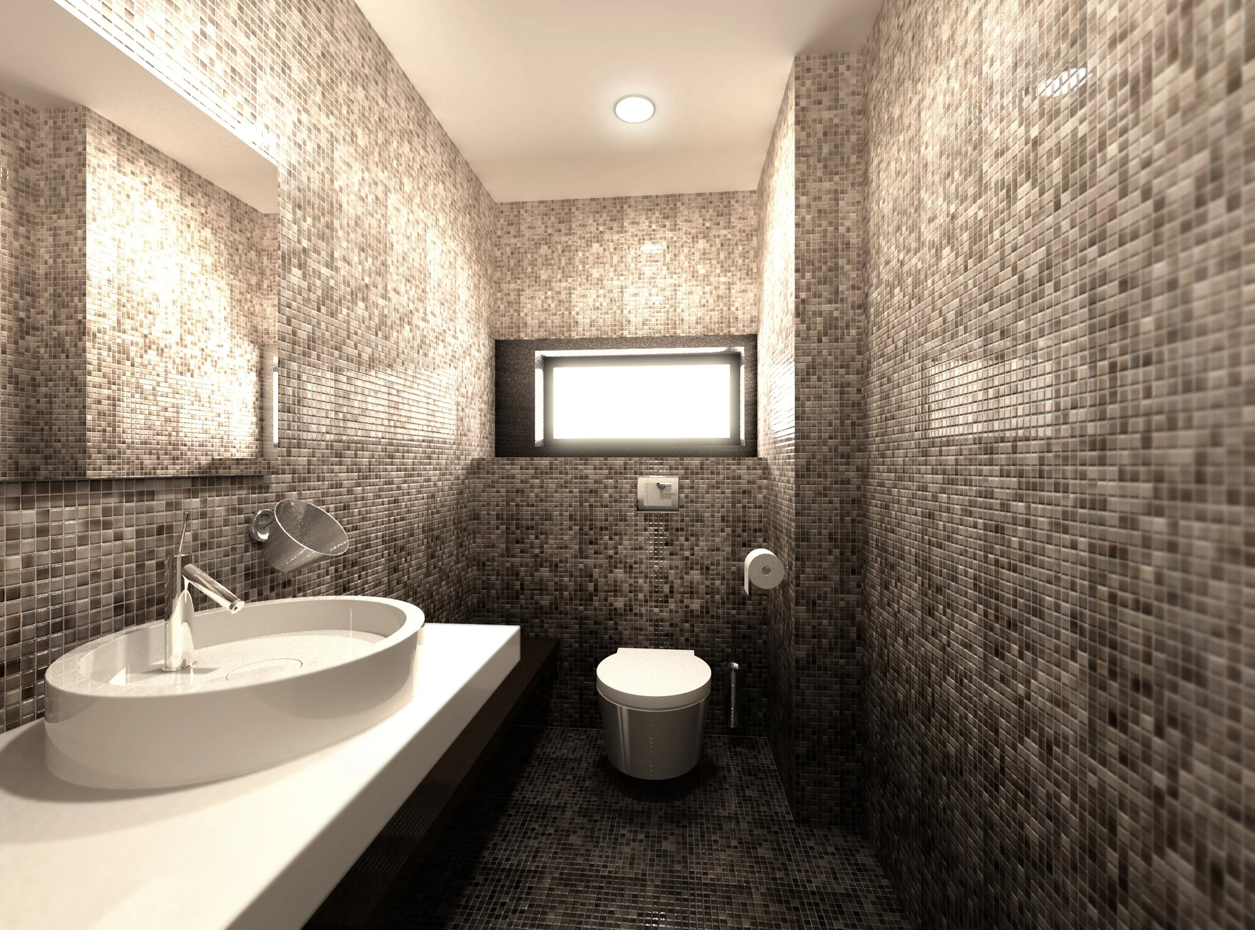 A modern bathroom with mosaic tile walls and floor, a white oval sink on a black countertop, a mirror, a toilet, a roll of toilet paper, a small window with bright light, and a recessed ceiling light.