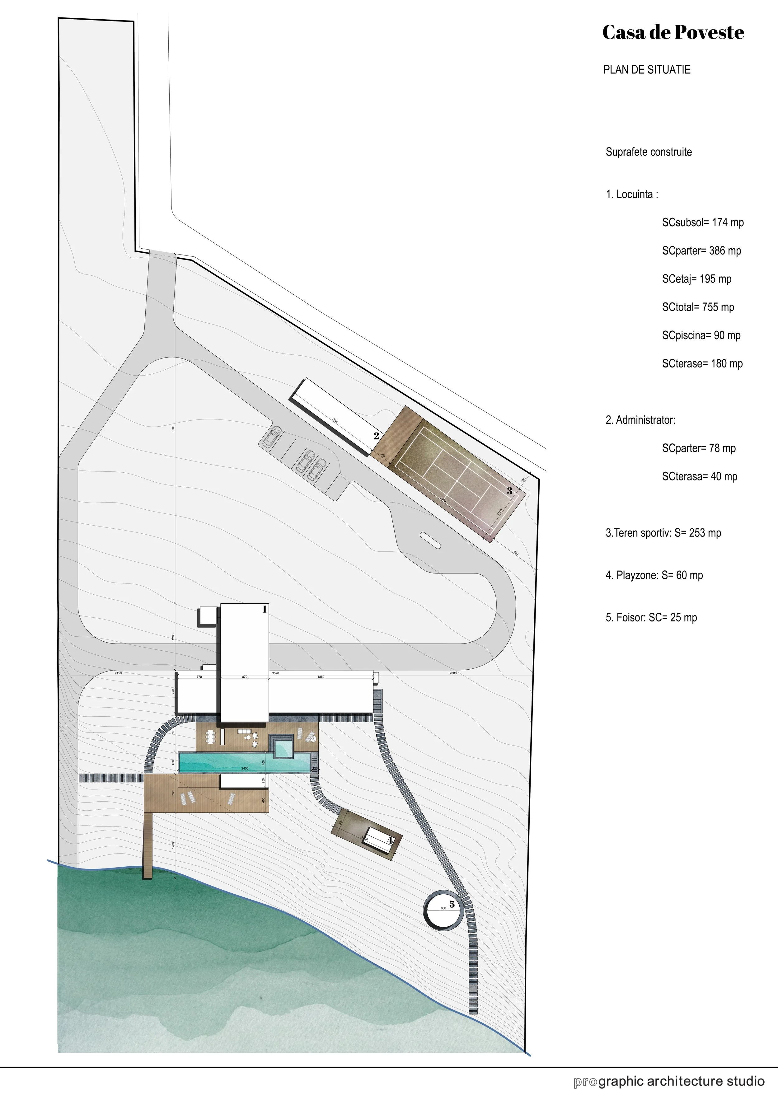 Site plan for a house named Casa de Poveste, showing layout including a pool, sports court, playground, and other outdoor structures, with labeled areas and a parking lot.
