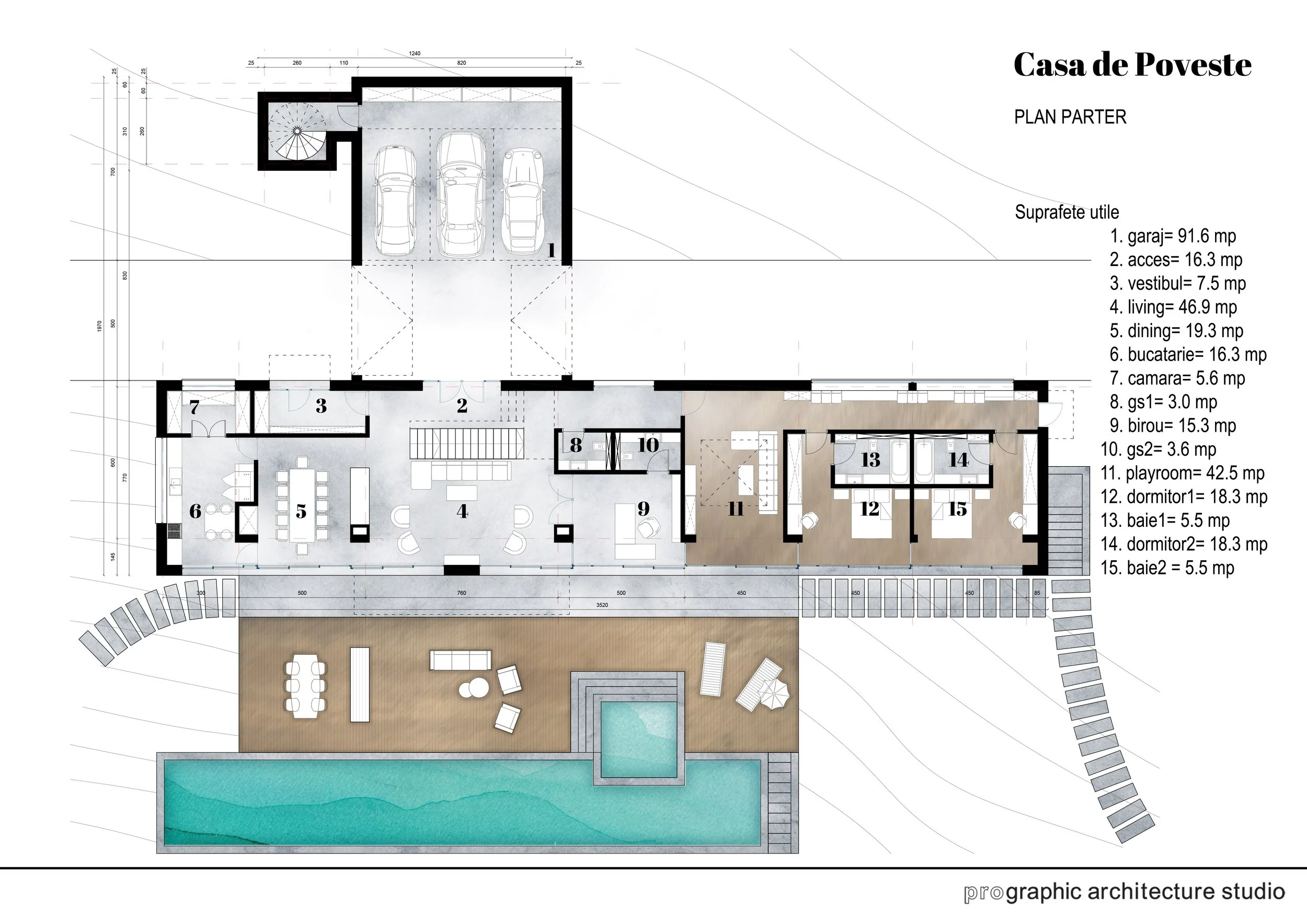 Architectural floor plan of a house labeled 'Casa de Poveste,' showing various rooms, garage, outdoor patio with pool, and a layout with measurements and labels for each area.