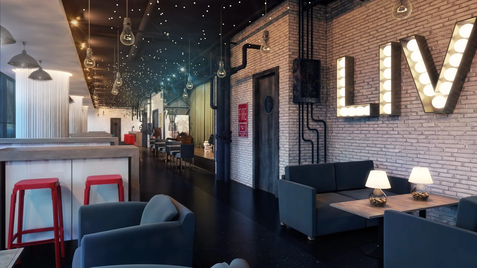 Modern interior of a restaurant or cafe with exposed brick walls, decorative lighting, and comfortable seating including sofas, armchairs, and bar stools. There are illuminated wall signs spelling 'LOVE' and various light fixtures, creating a cozy atmosphere.