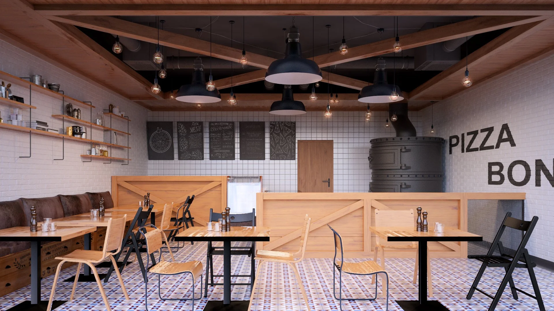 Interior of a modern pizzeria with wooden tables and chairs, black pendant lights, a pizza oven, and wall art reading "PIZZA."