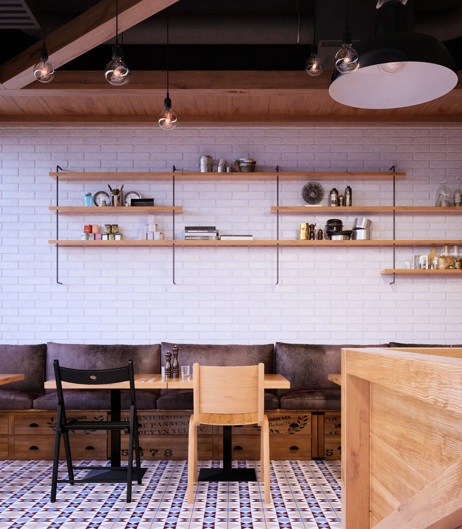 Interior of a modern cozy cafe with white brick wall, wooden shelving, pendant lighting, and two chairs at a wooden table, patterned tile floor.