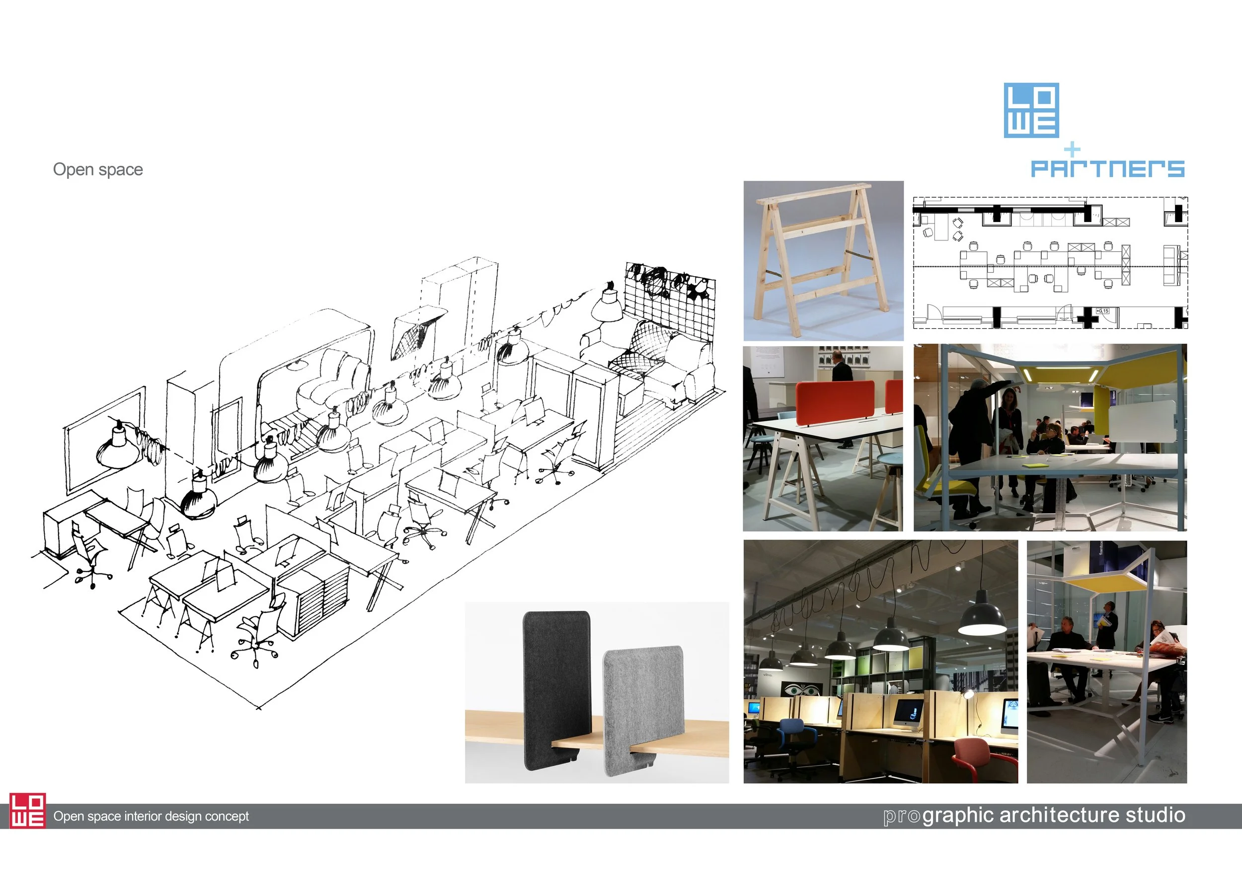 Sketch of an open-concept workspace interior with multiple desks and chairs, surrounded by photos of furniture, workstations, and office spaces.