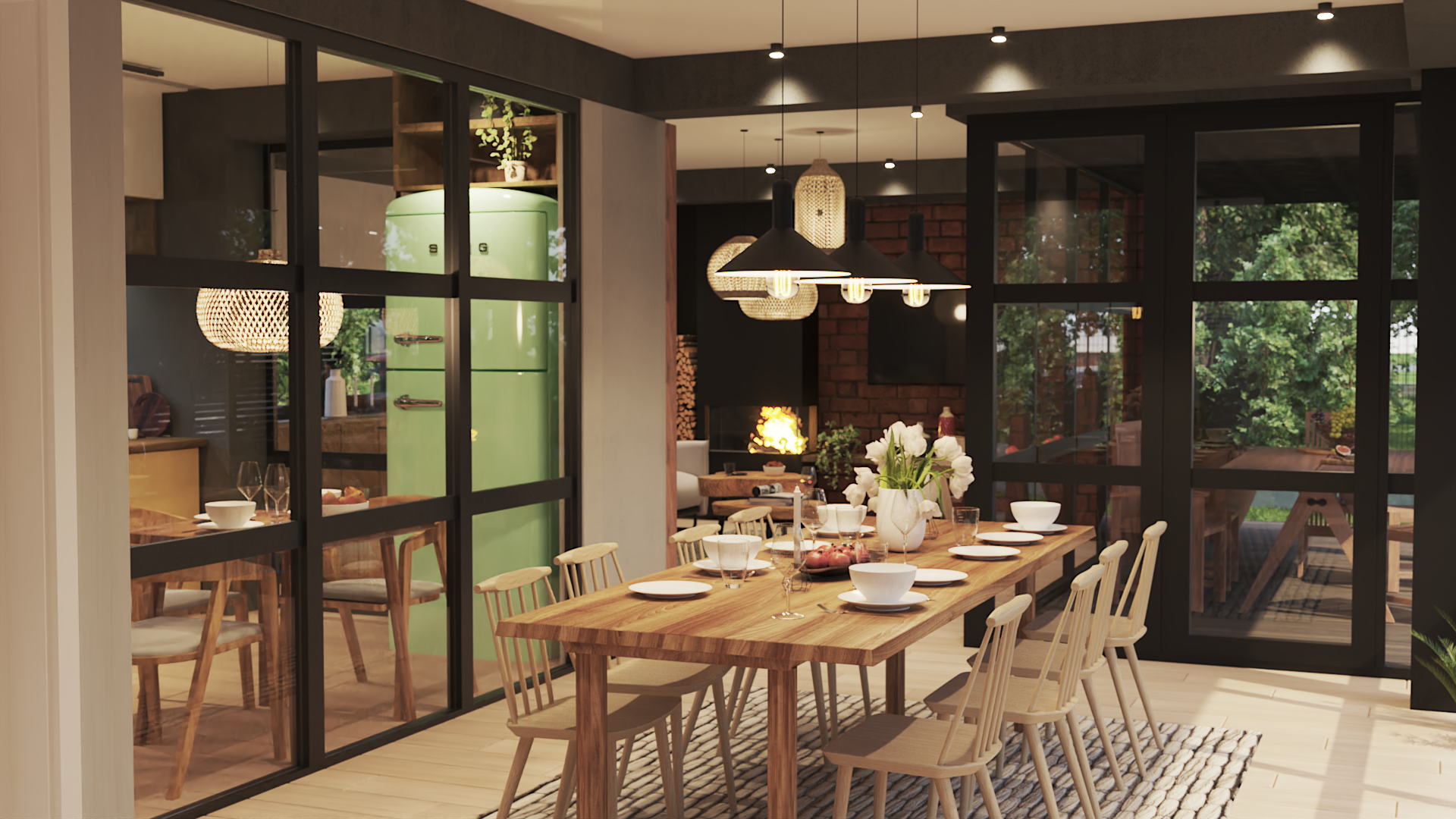 Dining room with a wooden table set with white bowls, glasses, a vase with white flowers, and a candle, surrounded by wooden chairs, with black-framed glass doors, and a cozy living area with a fireplace in the background.