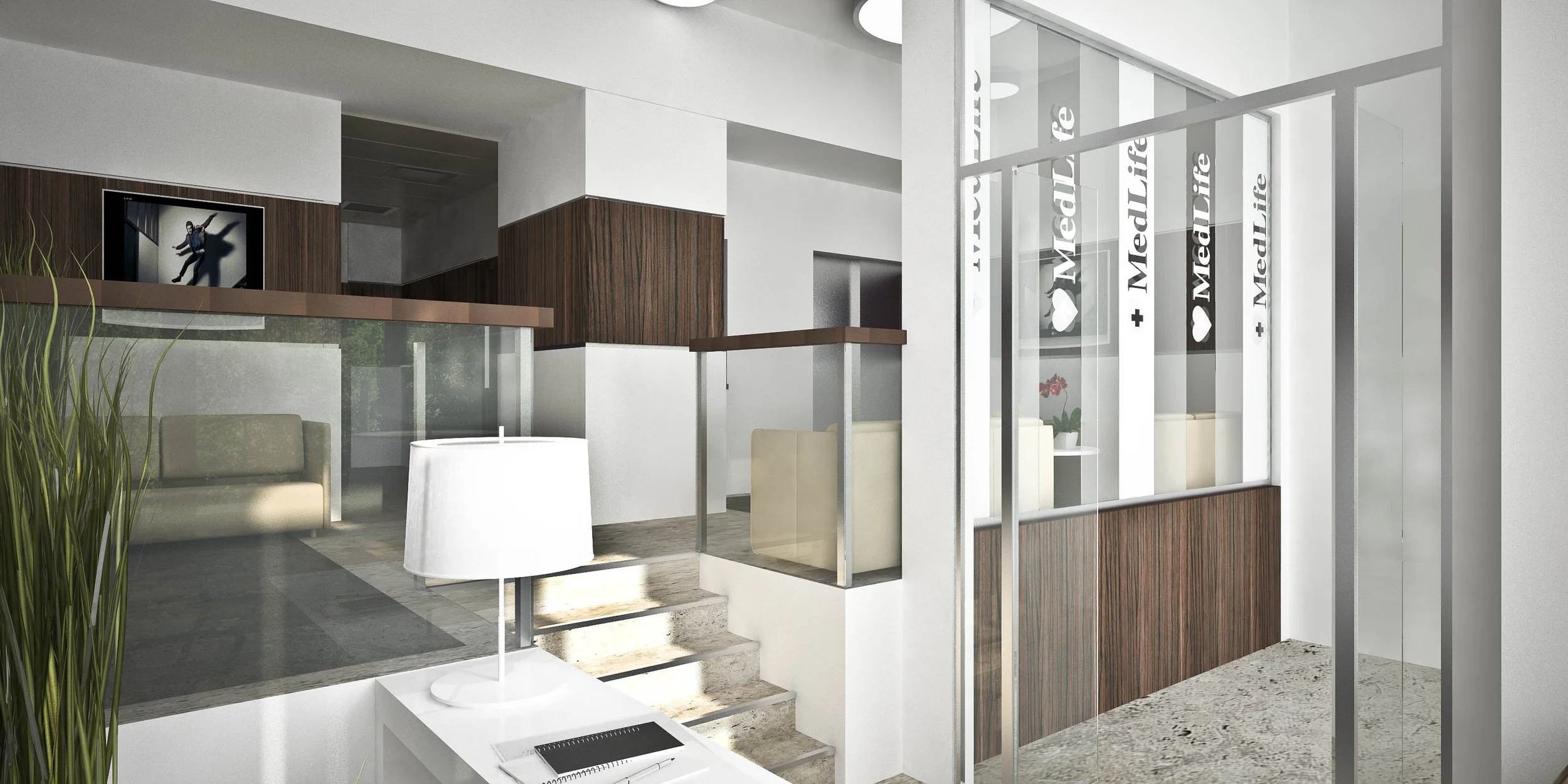 Modern medical office waiting area with white walls, glass partitions displaying 'I ❤️ MedLife', seating area with beige and white furniture, a white lamp on a desk, and stairs leading to an upper level with a TV mounted on the wall.