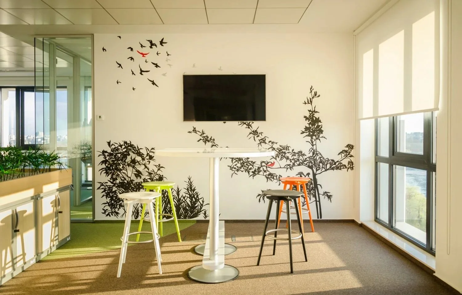 Modern office or lounge area with large windows, a flat-screen TV on the wall, and a mural of black trees and birds with a few red birds. There are four colorful bar stools around a tall white table and a green carpet section near cabinets and plants.