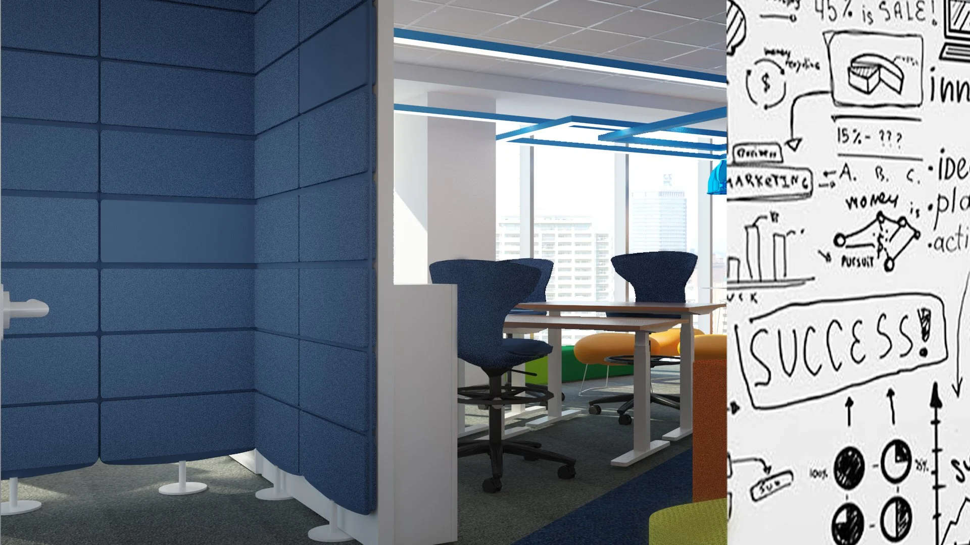 An office space with a meeting table and blue chairs near large windows, decorated with a colorful area rug and wall mural with hand-drawn business and infographic sketches.