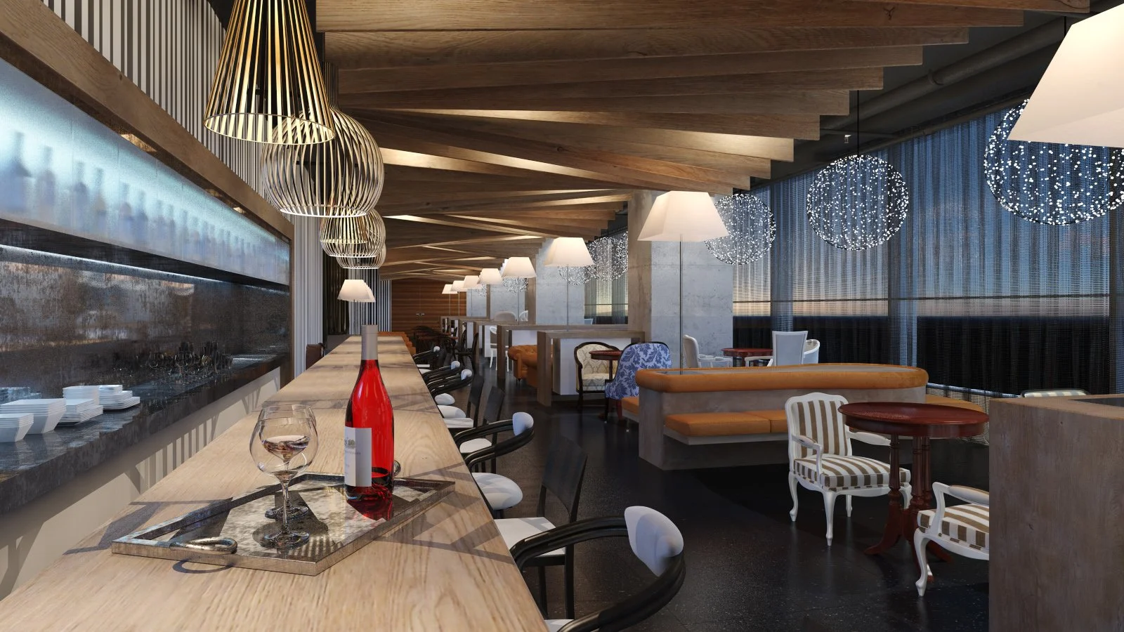 Interior of a modern restaurant with a long wooden bar counter, stylish chairs, and hanging lights with spherical designs, large windows with curtains, and various seating arrangements.