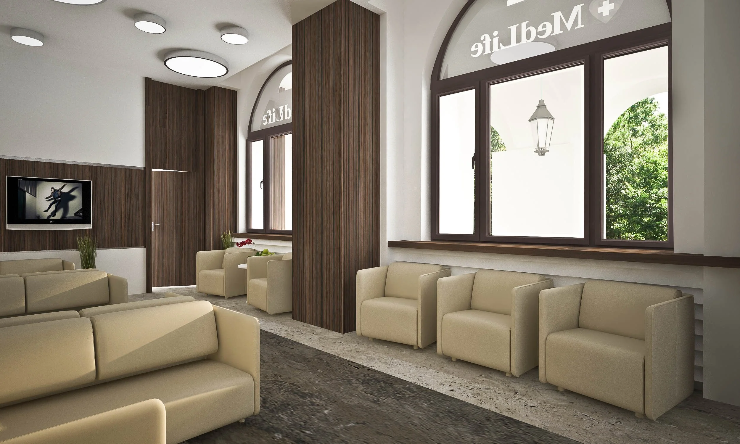 Modern medical lobby with beige armchairs, large windows with wooden frames, a wall-mounted TV, and wood paneling on the walls.