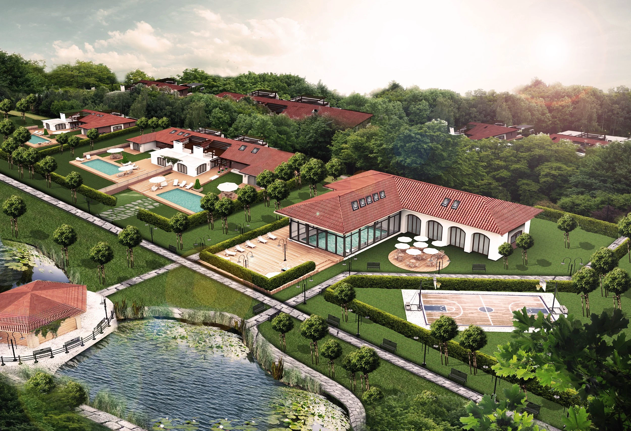 Aerial view of a residential community with multiple houses, swimming pools, a basketball court, a pond, and landscaped green spaces.