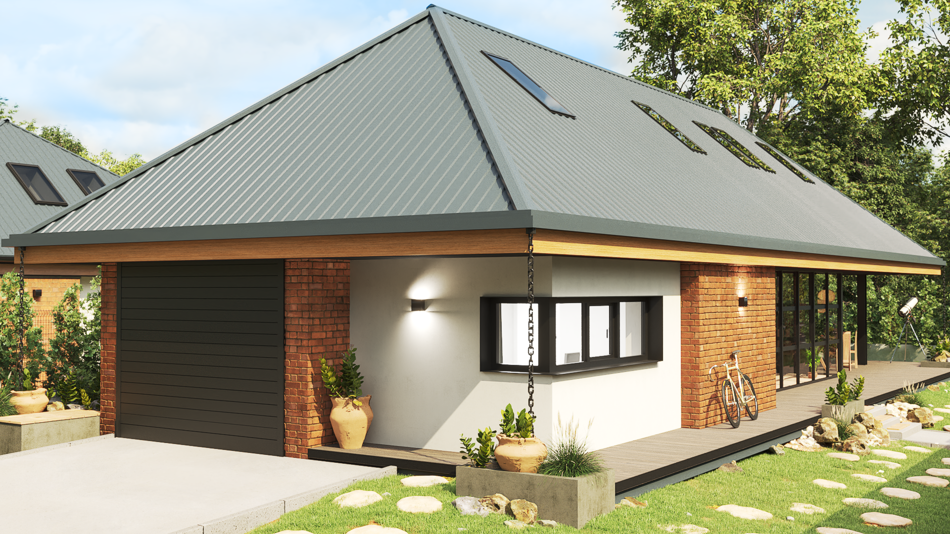 Modern house with brick and white walls, a large metal roof with skylights, a garage, and a patio with plants, a bicycle, and a telescope in the yard. Trees and a blue sky are in the background.