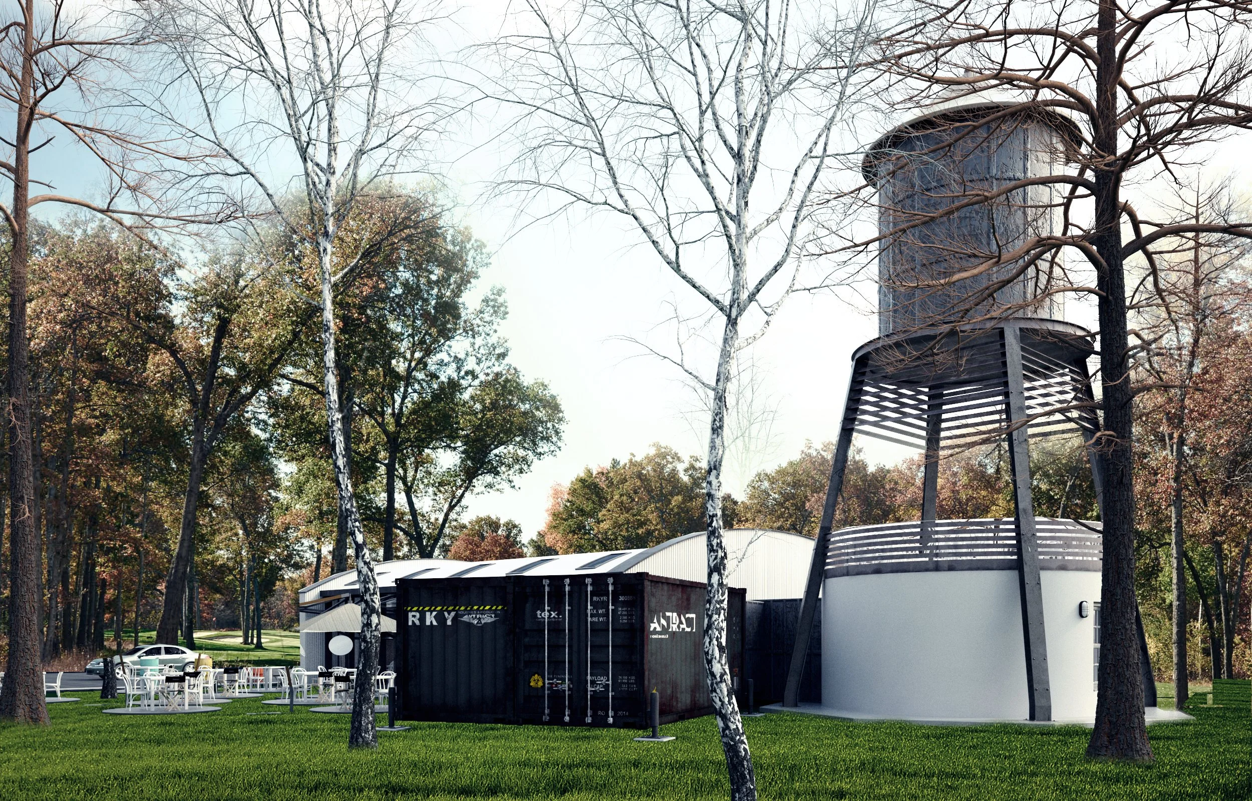 A park scene with trees, picnic tables, and a large black water tower.