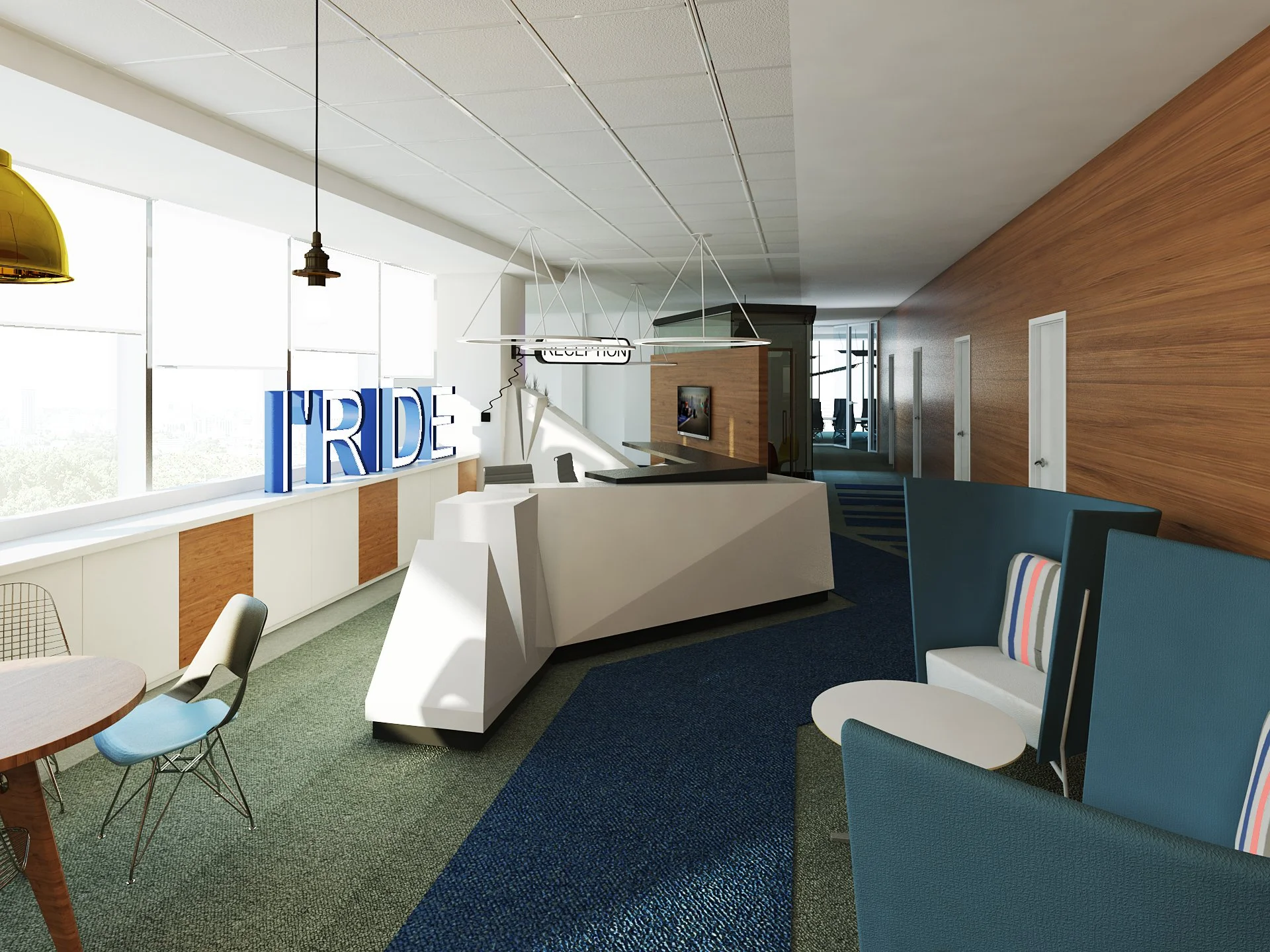 Modern office reception area with geometric white desk, blue and white seating, green and blue carpet, wood accent wall, large window, decorative light fixtures, and the word "RIDE" in large blue letters.