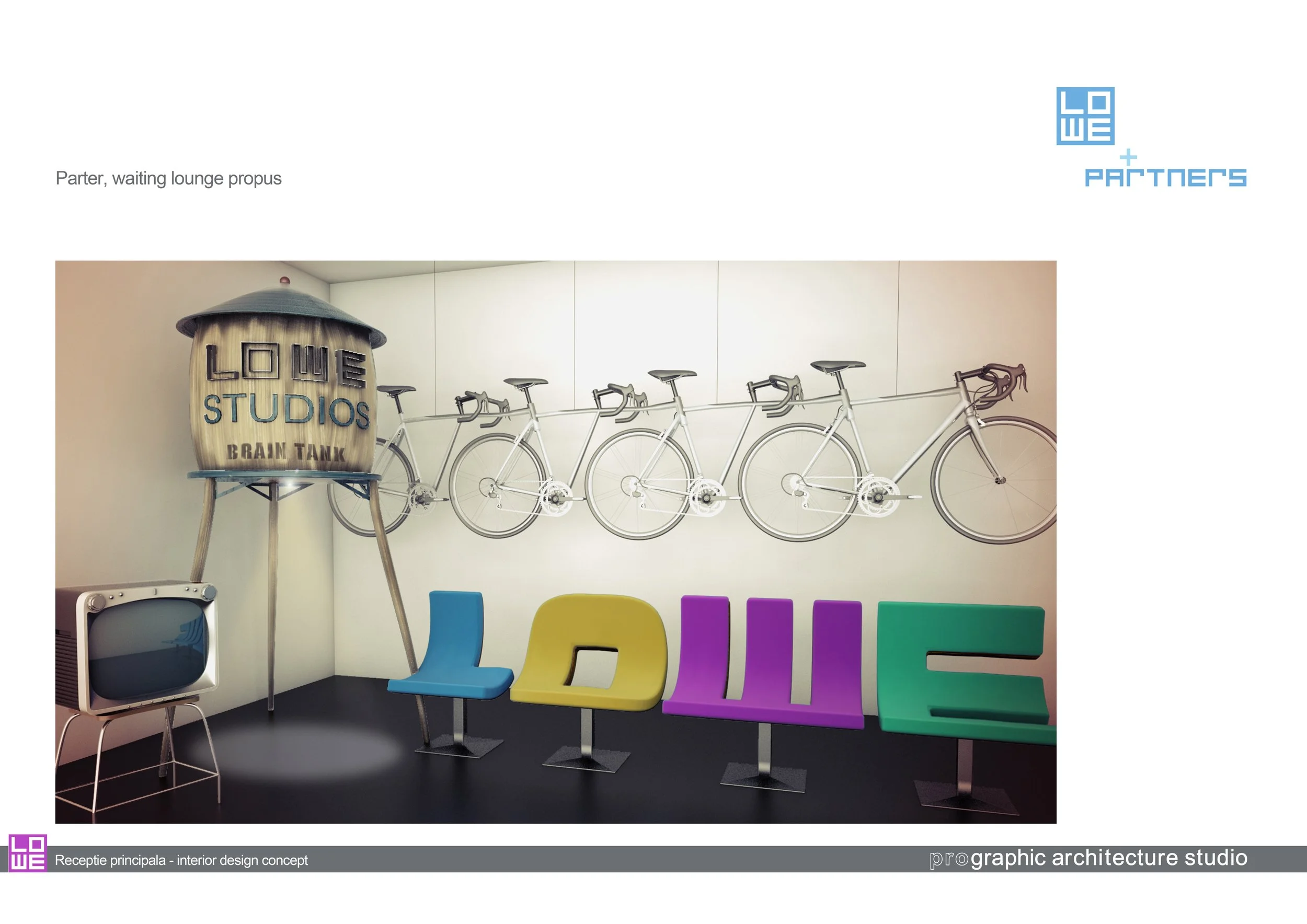 Interior design concept featuring a white wall with bicycle decor, a vintage television, colorful modern chairs spelling 'LORD,' a large wooden water tank with 'LOVE STUDIOS BRAIN TANK' text, and a watermarked logo in the top right corner.