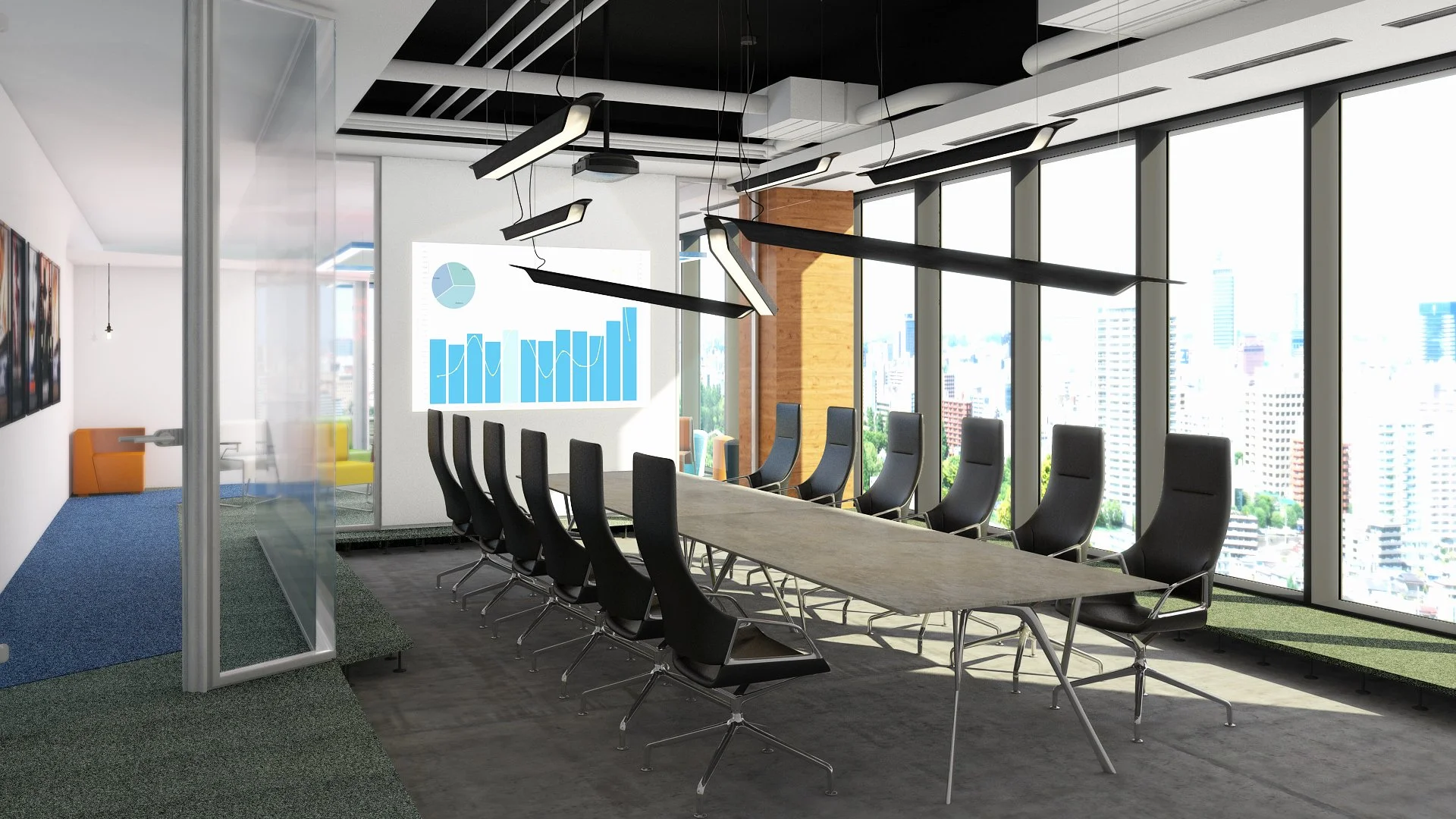 Modern conference room with a long table, black office chairs, large windows, and cityscape view, with a presentation on a screen.