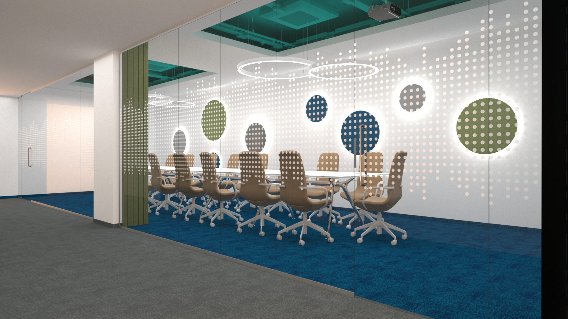 Modern conference room with glass walls, beige office chairs around a long table, decorative circular wall lights, and patterned wall panels.