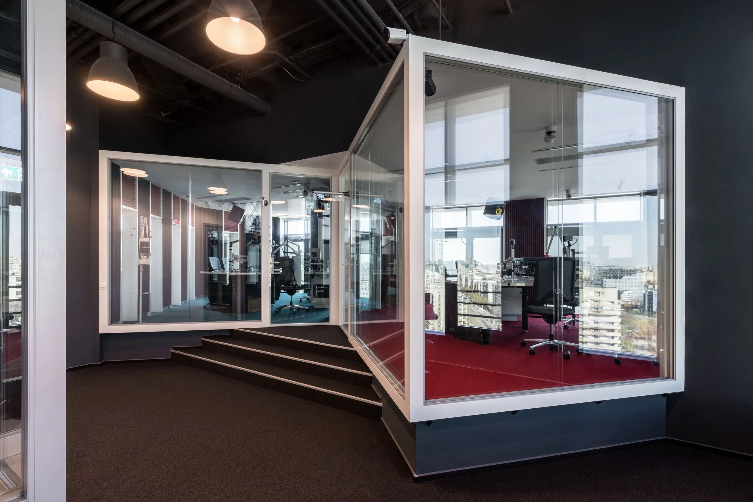 Modern office space with glass-enclosed meeting rooms, offices, and city view in the background.