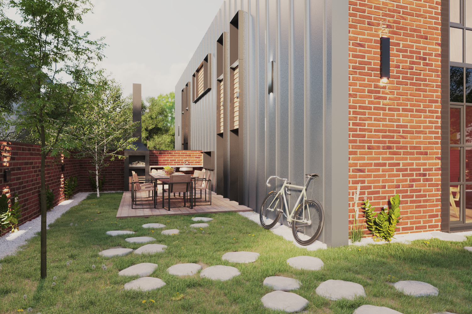 Modern backyard patio with outdoor dining table and chairs, brick wall, metal siding building, small tree, bicycle, and stepping stones on grass.