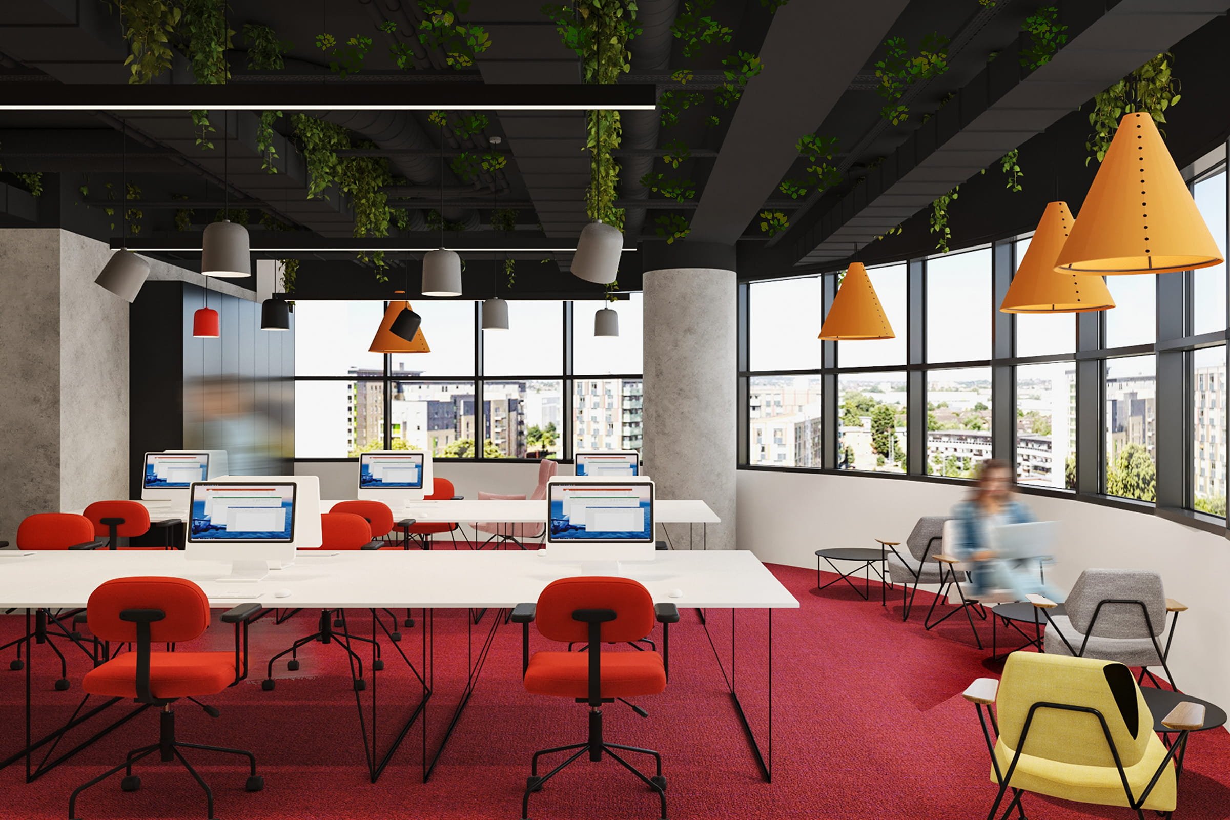 Modern open-plan office with white desks, red chairs, and computer monitors. Large windows with cityscape view, black ceiling with hanging lamps, and greenery on ceiling.