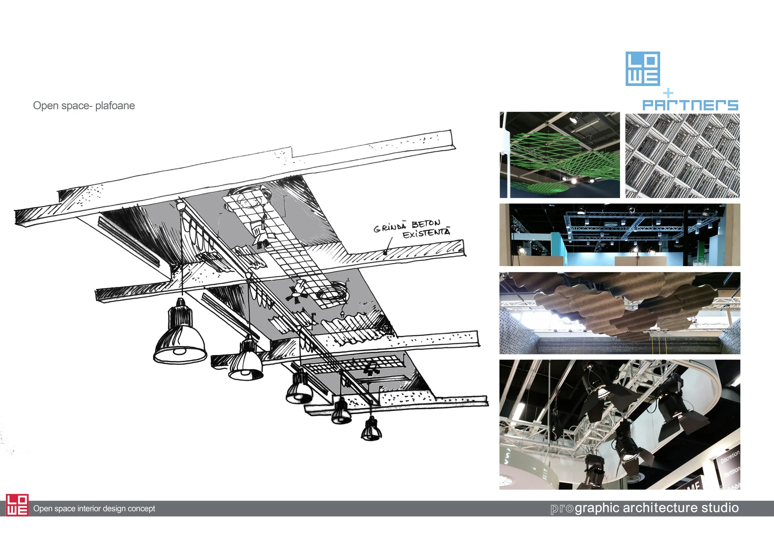 Collage of design sketches and photos of an open space interior with ceiling structures, lighting, and decorative elements.