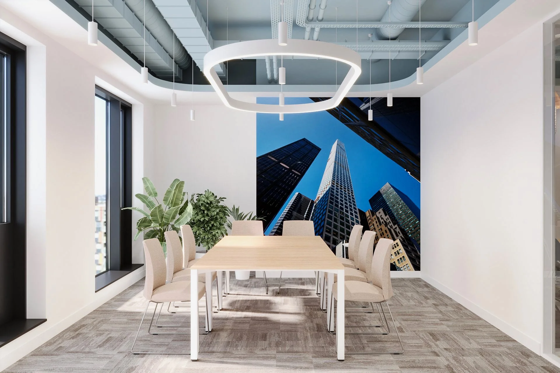 Modern conference room with a wooden table, beige chairs, large cityscape mural on the wall, indoor plants, large windows, and ceiling lights.