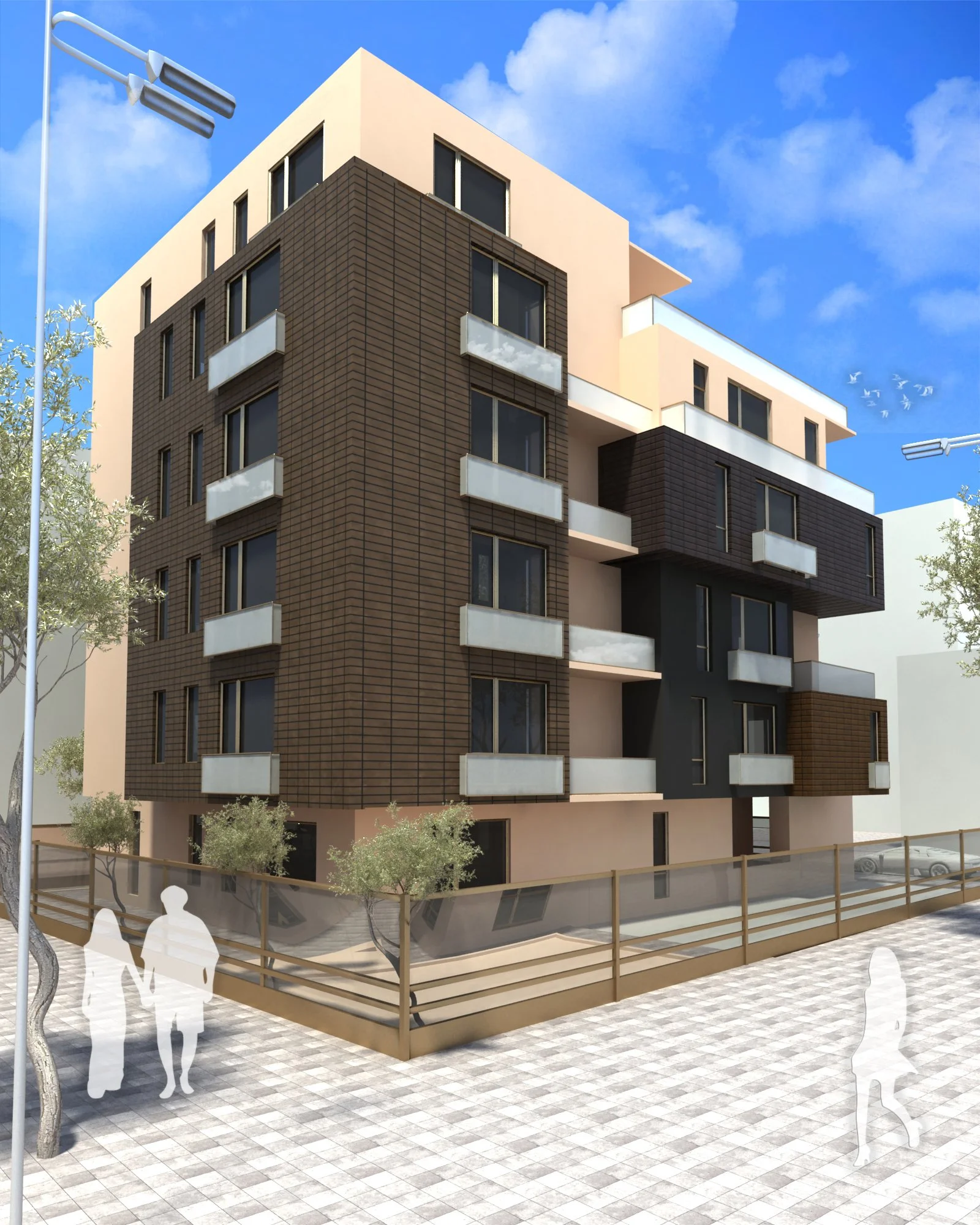 Modern multi-story apartment building with brown and beige exterior, balconies, and large windows, surrounded by trees and a paved pedestrian area.