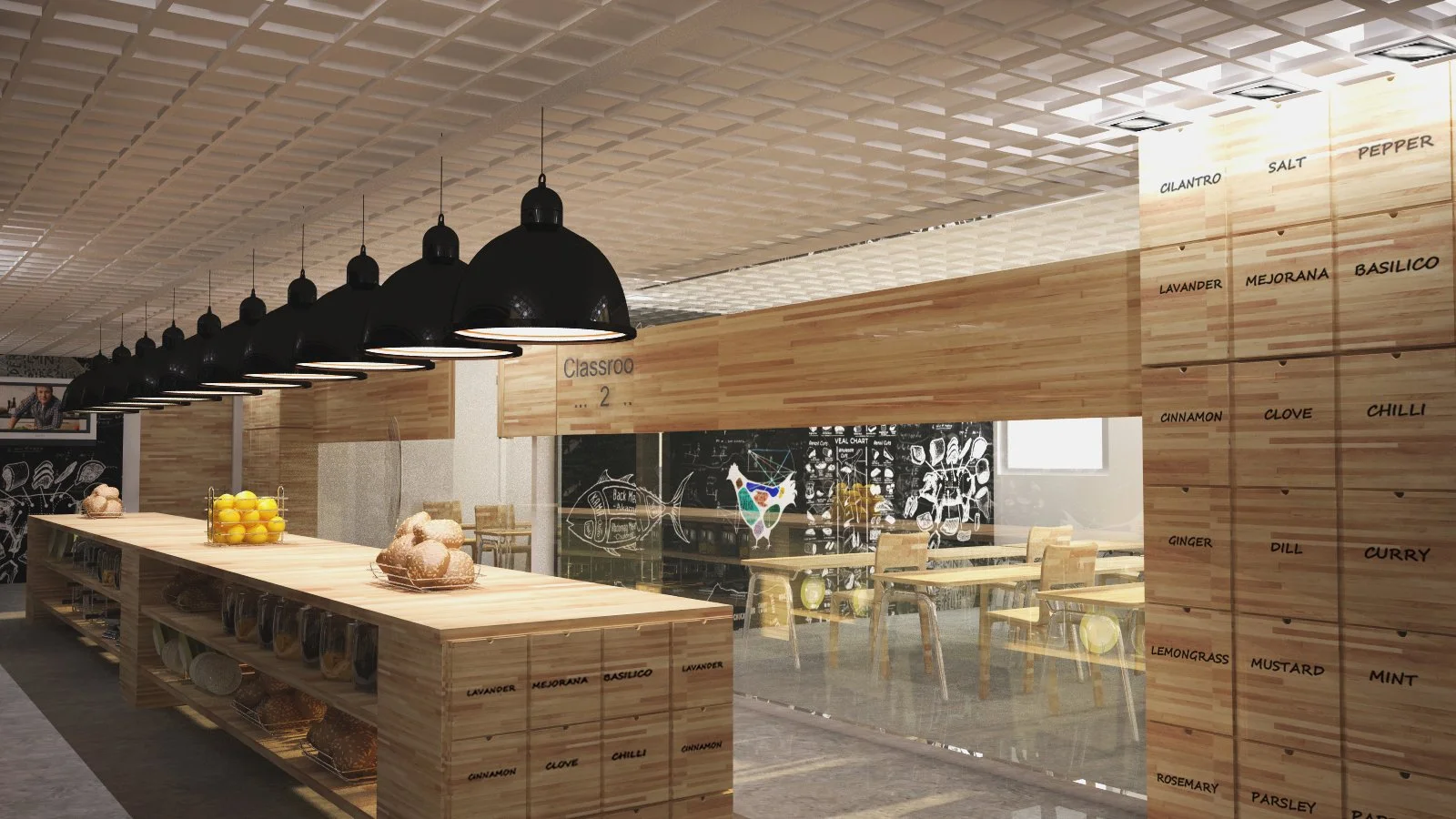 A modern cafeteria with a long wooden counter featuring lemons and ginger on top. Black pendant lights hang from the ceiling. There are wooden tables and chairs inside the room, and a glass wall with chalkboard drawings and a fish diagram. The wall on the right has wooden drawers labeled with spice names like cilantro, salt, pepper, lavender, and basilico.