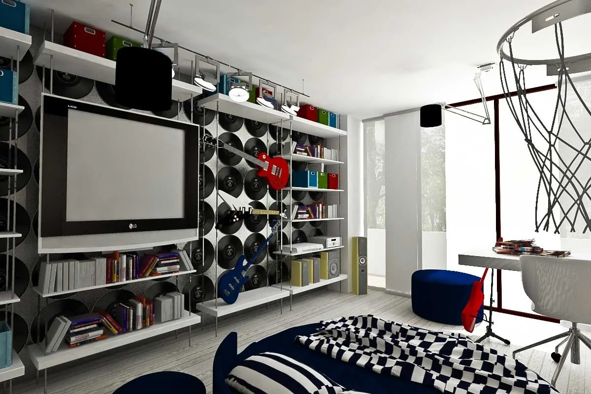 Modern bedroom with a wall featuring a black and white circular pattern, a large LG television, bookshelves with colorful boxes and books, rock speakers, and guitars mounted on the wall. There is a bed with a checkered blanket, a desk with a white chair, a blue ottoman, and a large window with vertical blinds.