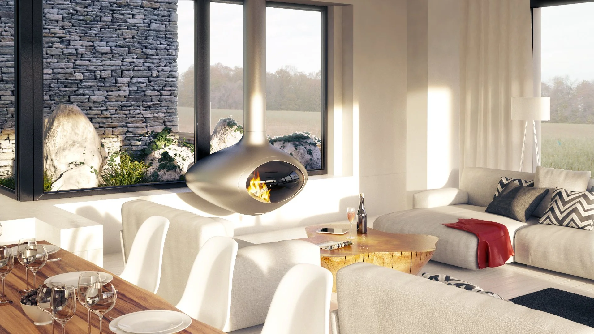 Modern living room with a built-in fireplace, large windows, white sofas, and a wooden coffee table.