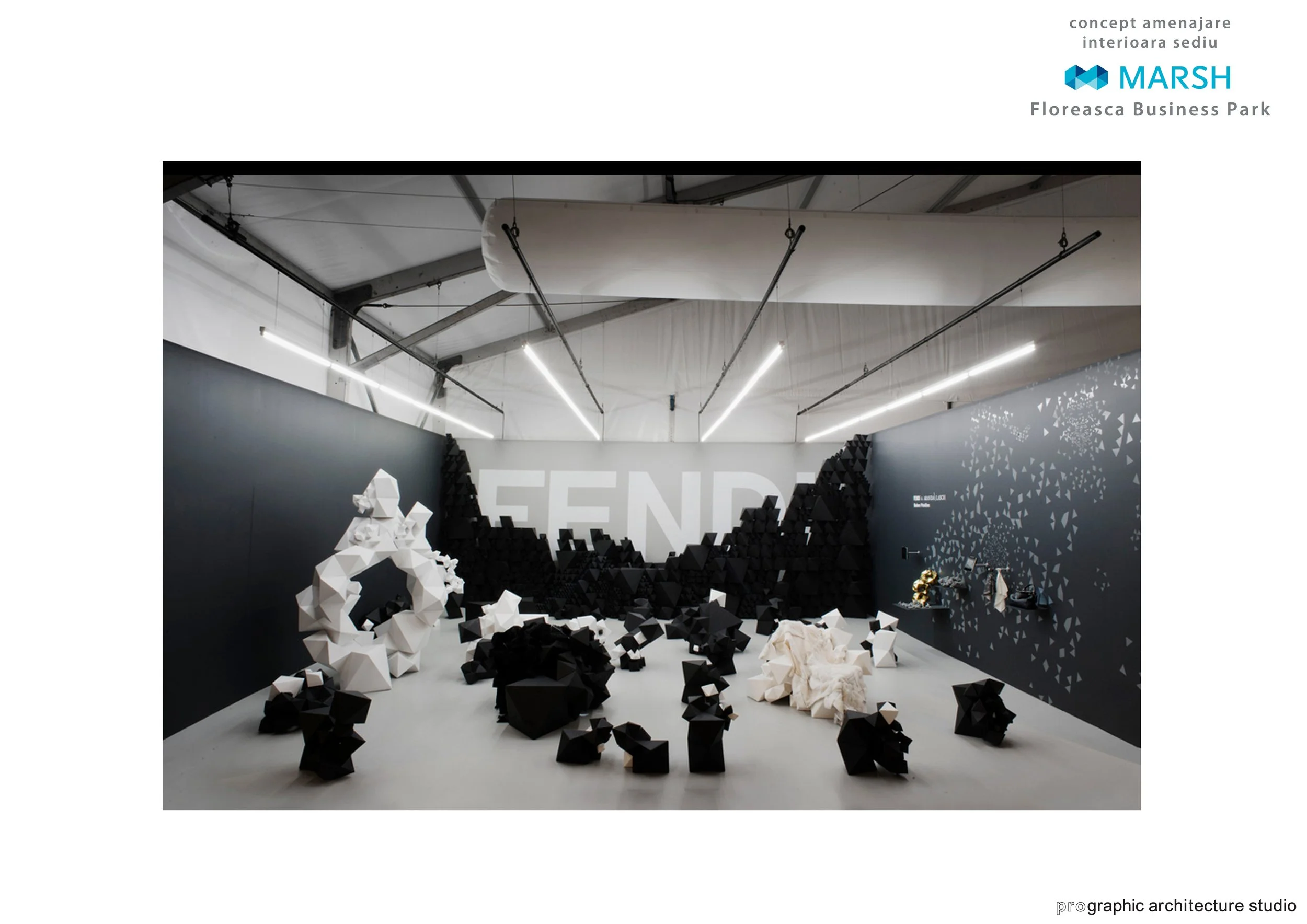 Modern interior design with geometric sculptures, black and white color scheme, illuminated ceiling, and a large 'FENDI' sign on the wall at Marsh Floreasca Business Park.