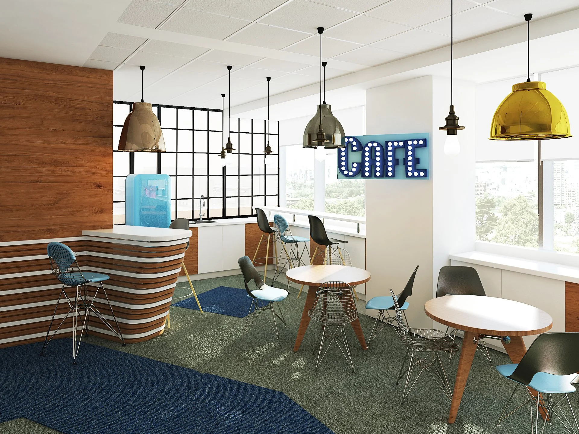 Modern café with wooden accents, hanging pendant lights, and a large window showing city views. Small round tables with chairs and a blue neon sign that says "CAFÉ."