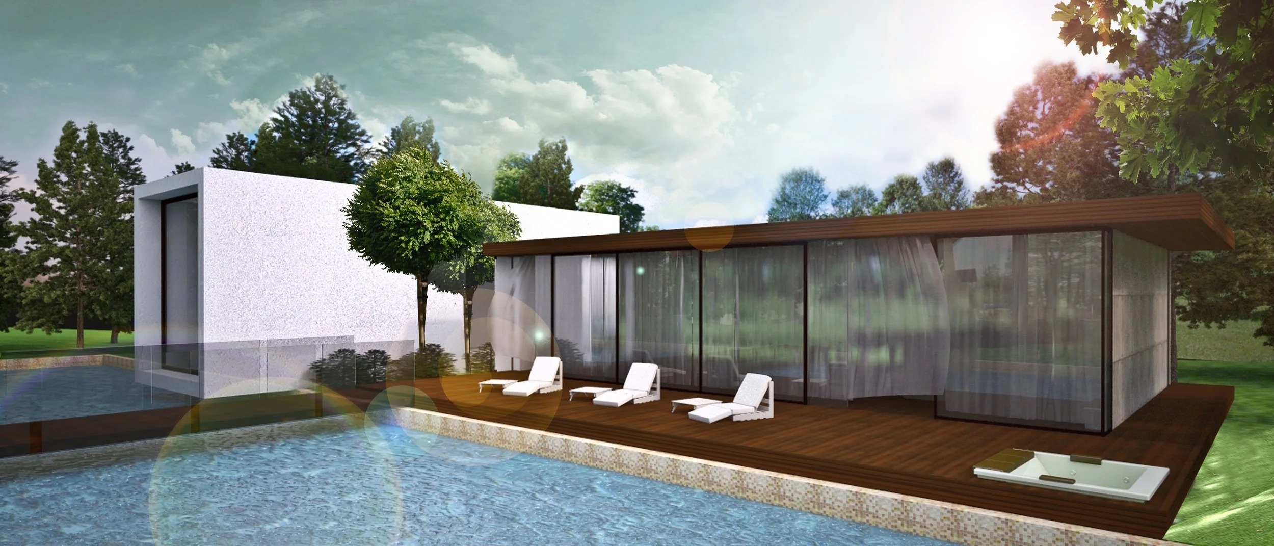 Modern house with glass walls and outdoor lounge area by a swimming pool, surrounded by trees and natural scenery.