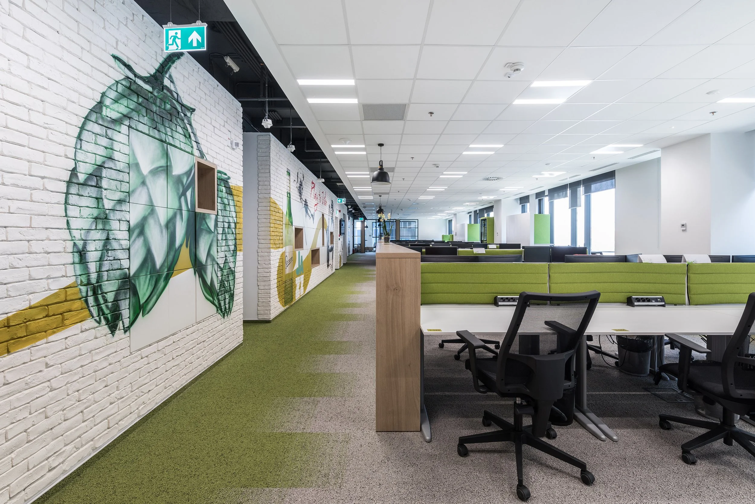 Modern open-plan office with white brick wall decorated with colorful mural, green carpet, and workstations with black chairs and green dividers, large windows with window blinds.