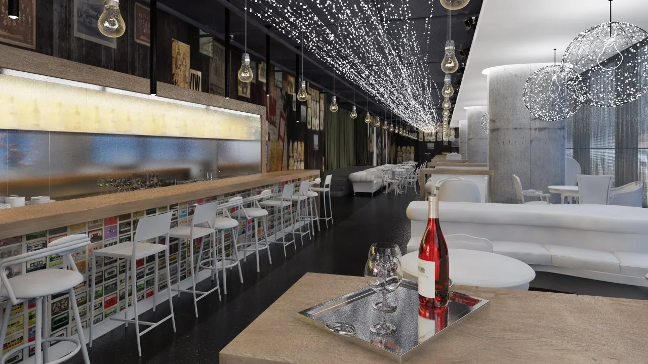 Modern restaurant interior with bar seating, stylish lighting, and contemporary decor.