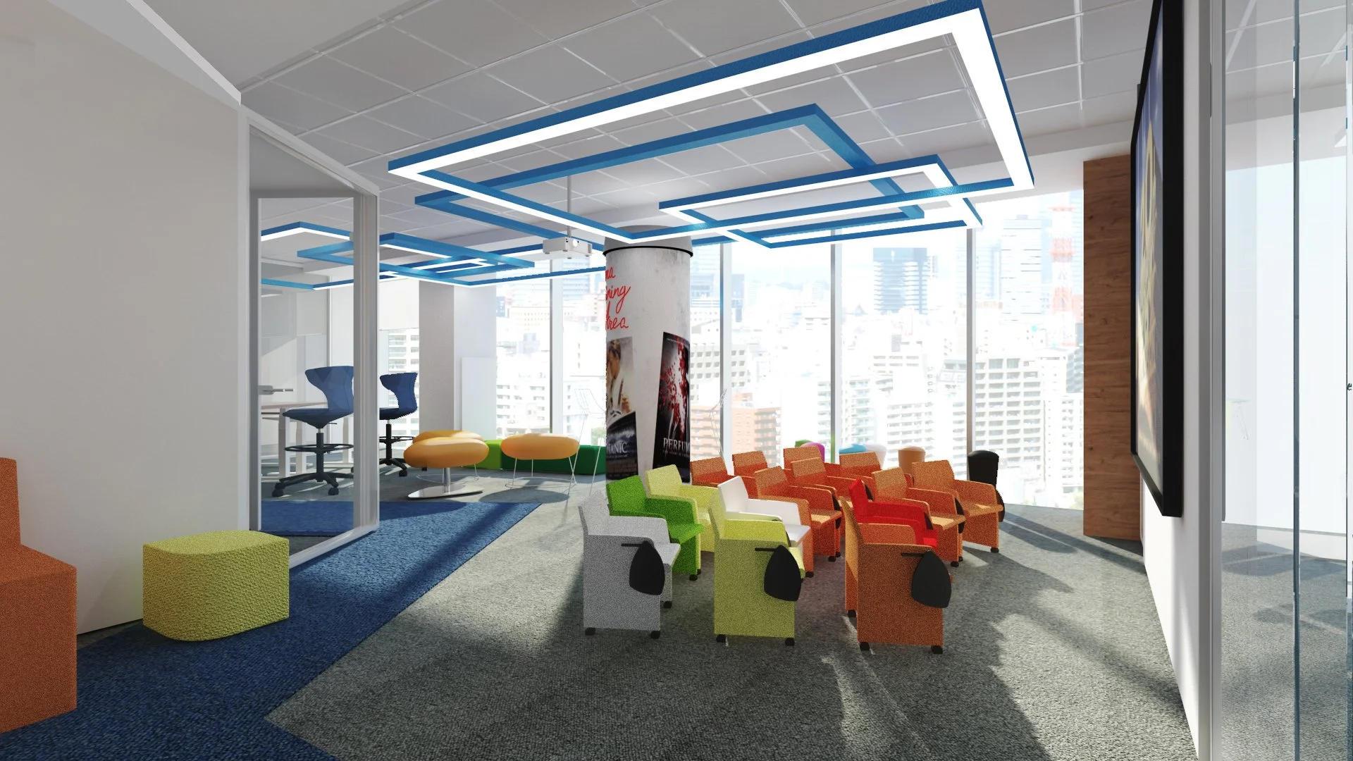 Modern office meeting room with colorful chairs, large windows, and ceiling blue light fixtures.