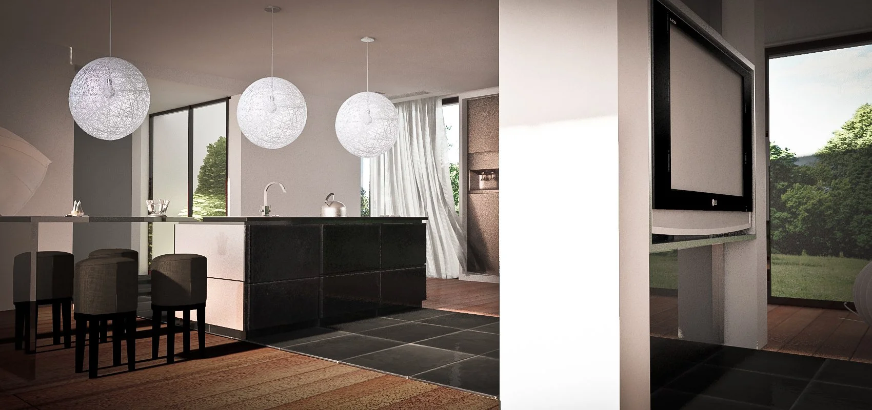 Interior view of a modern kitchen and living area with hanging white spherical light fixtures, black and white kitchen cabinets, bar stools, a wall-mounted television, large windows with greenery outside, and curtains.