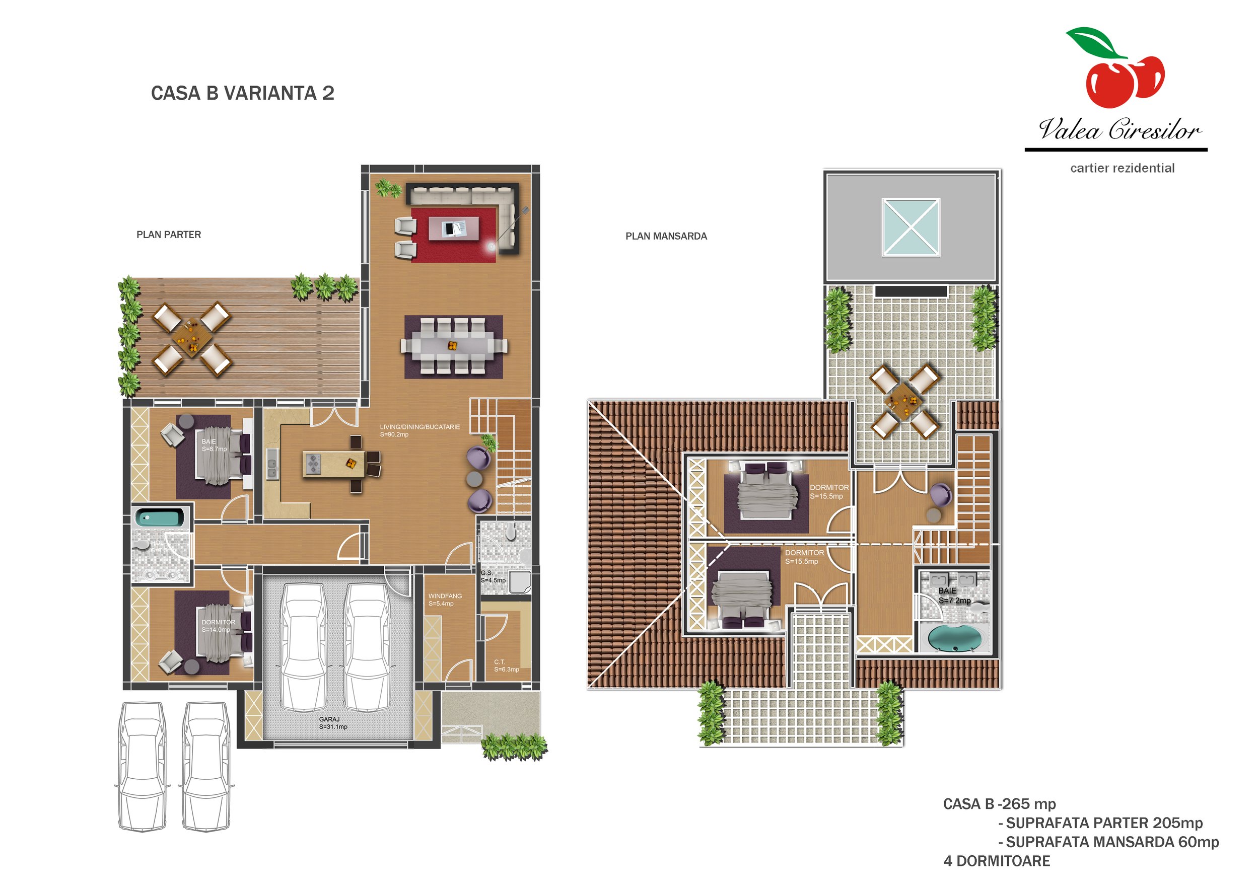 Floor plan of a two-story house with labeled rooms, outdoor patio, garage, and garden, titled 'Casa B Varianta 2' and 'Valea Ciresilor' featuring four bedrooms, a living and dining area, kitchen, bathrooms, and outdoor amenities.